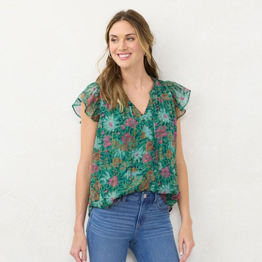 Sale Women’s LC Lauren Conrad Ruffle V-Neck Top Jersey Pink Pink Sheraton