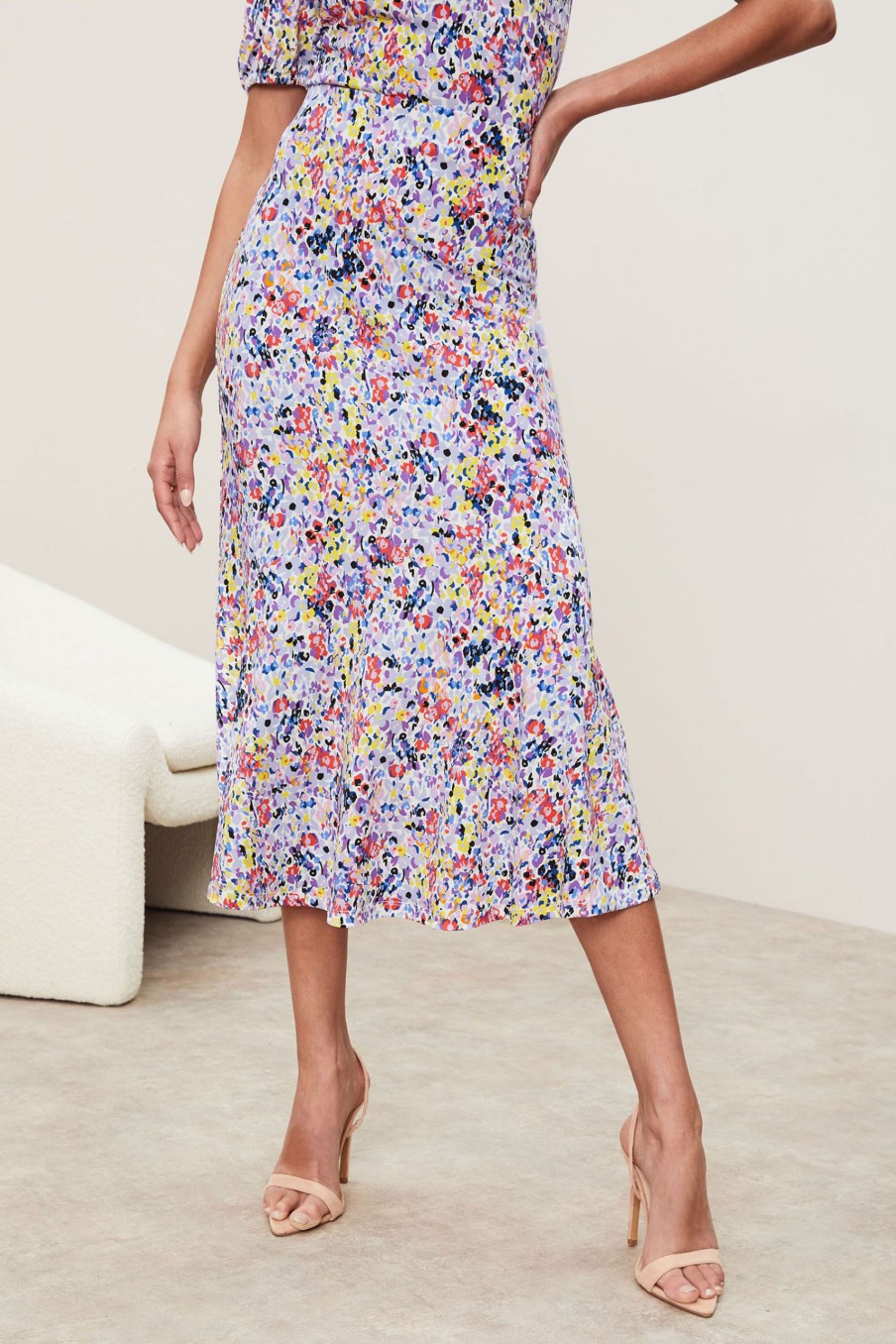 Discount Lipsy Lilac Ditsy Jersey Midi Skirt UK 6