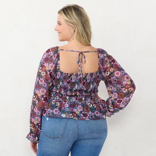 Discount Plus Size LC Lauren Conrad Long Sleeve Smocking Top Blooms Botanical Jersey Pink