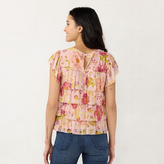 Discount Women’s LC Lauren Conrad Tiered Ruffle Top Jersey Pink Rendez Blue