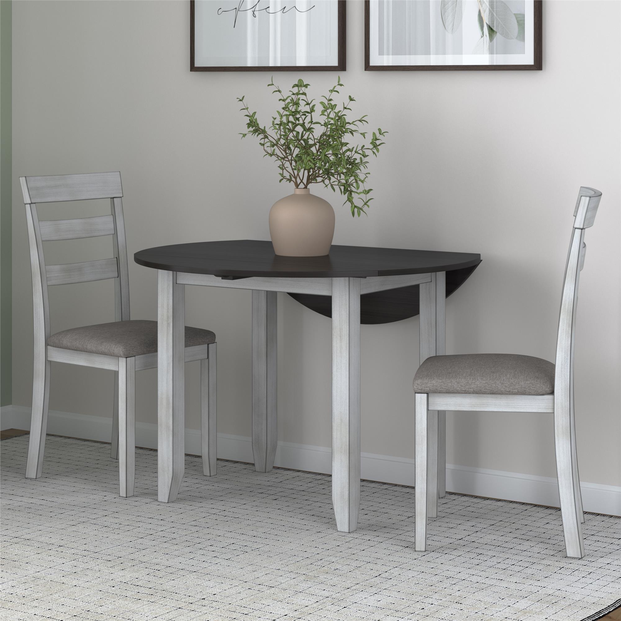 DHP Jersey 3-Piece Drop Leaf Wood Dining Set with Round Table and 2 Chairs, Brown/Oyster White Shell