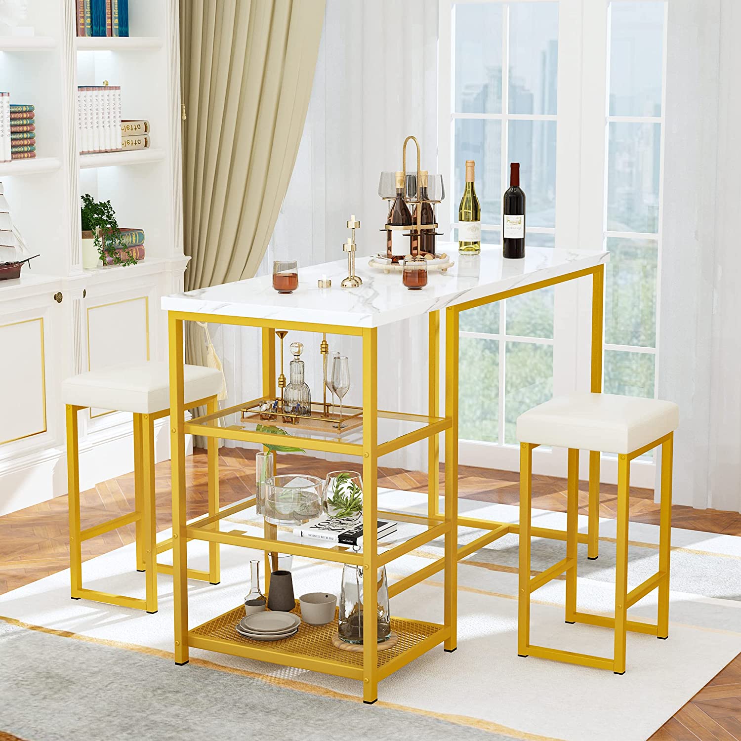 Recaceik Kitchen Island With Seating Bar Table with Storage, Faux Mable ...