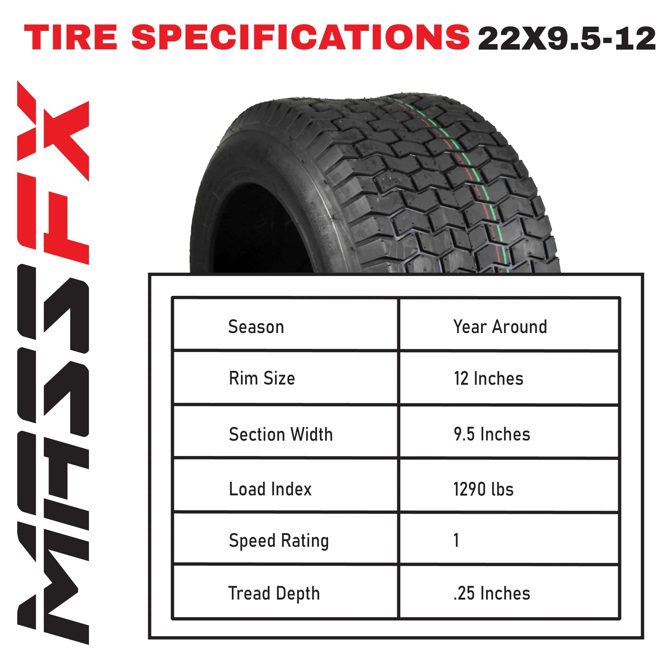 4 New MASSFX Lawn Mower Tires 16x6.5-8 & 22x9.5-12 4 PLY 4 Pack Lawn & Garden