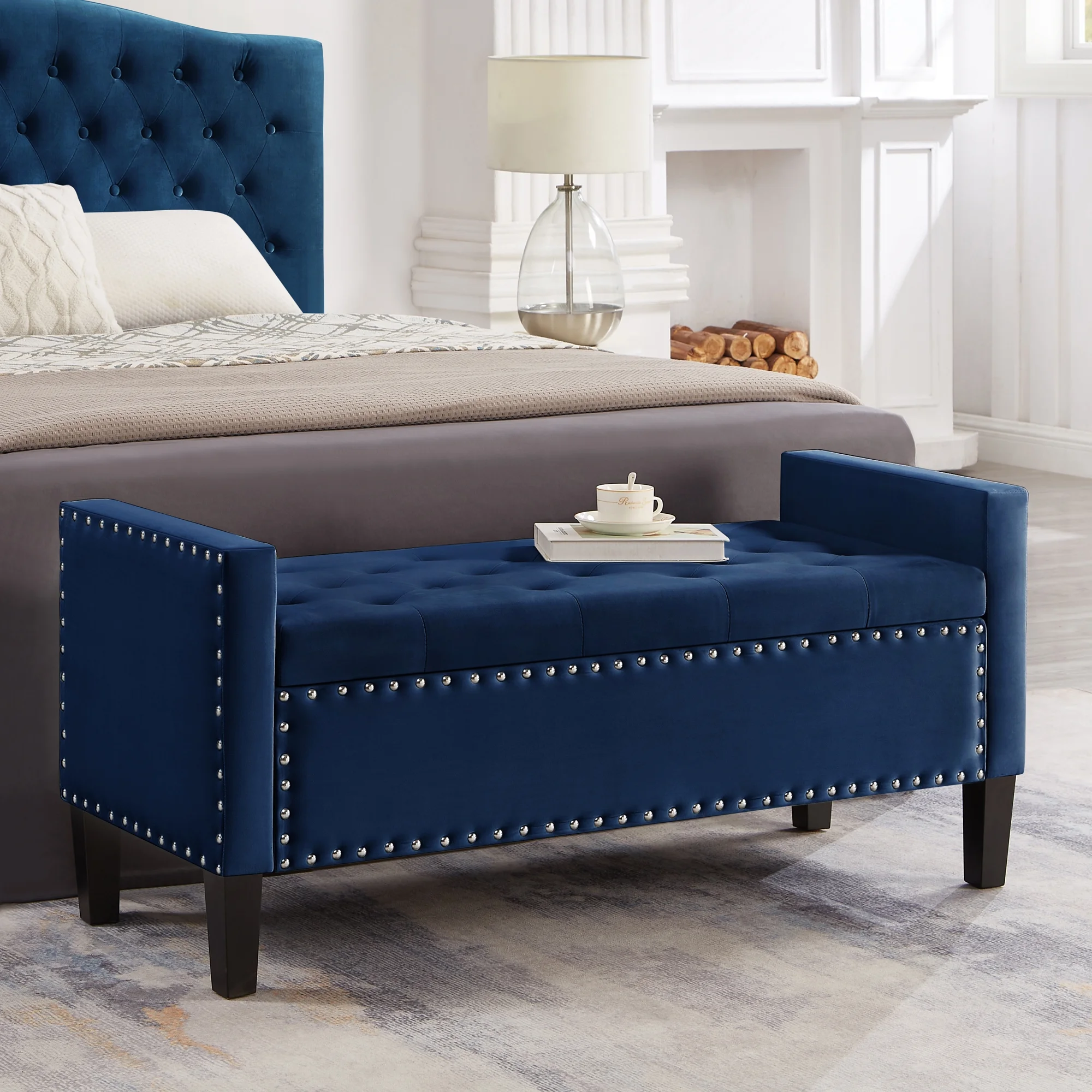 Upholstered Tufted Storage Bench with Nail Trim and Armrest, Padded Seat for Entryway or Living Room - Navy Blue