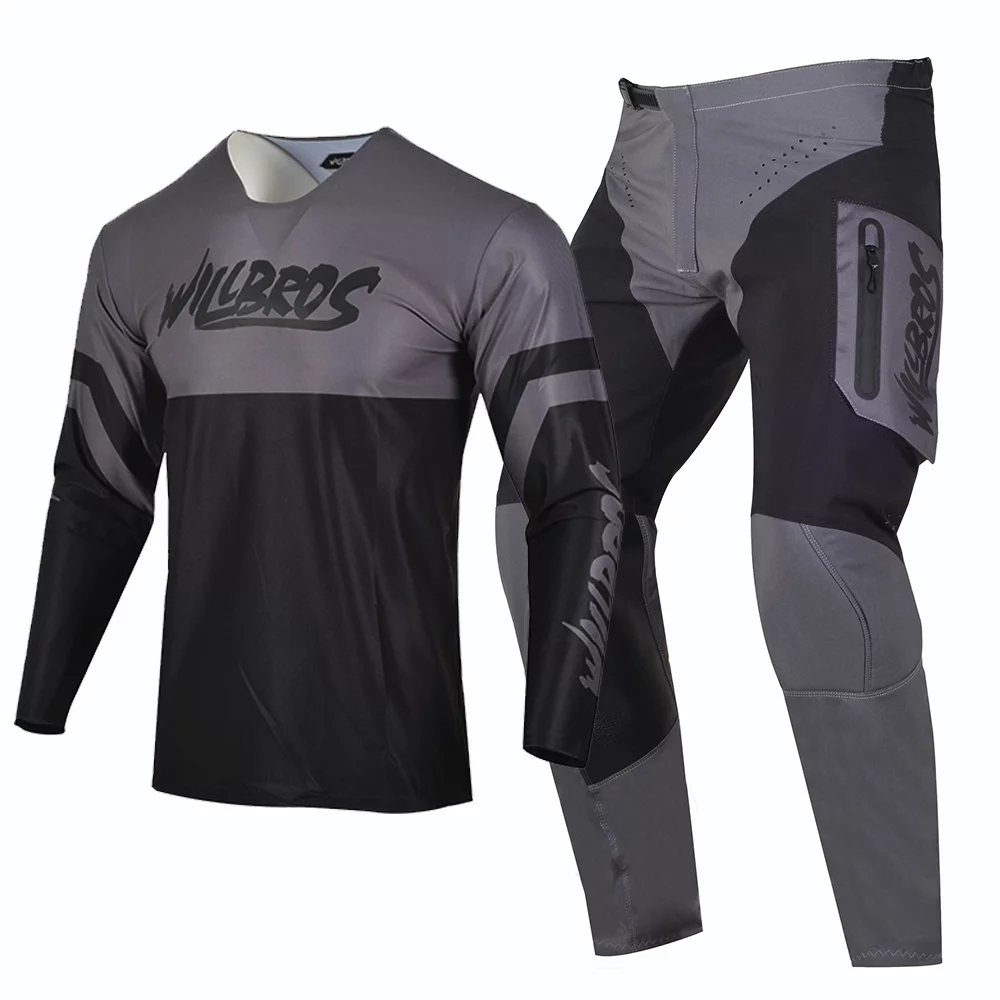 Willbros Motocross Jersey and Pants Combo with Zipper Pockets Dirt Bike Offroad Racing MX Gear Set Racewear Black Grey (Jersey Adult XL/Pants W36)