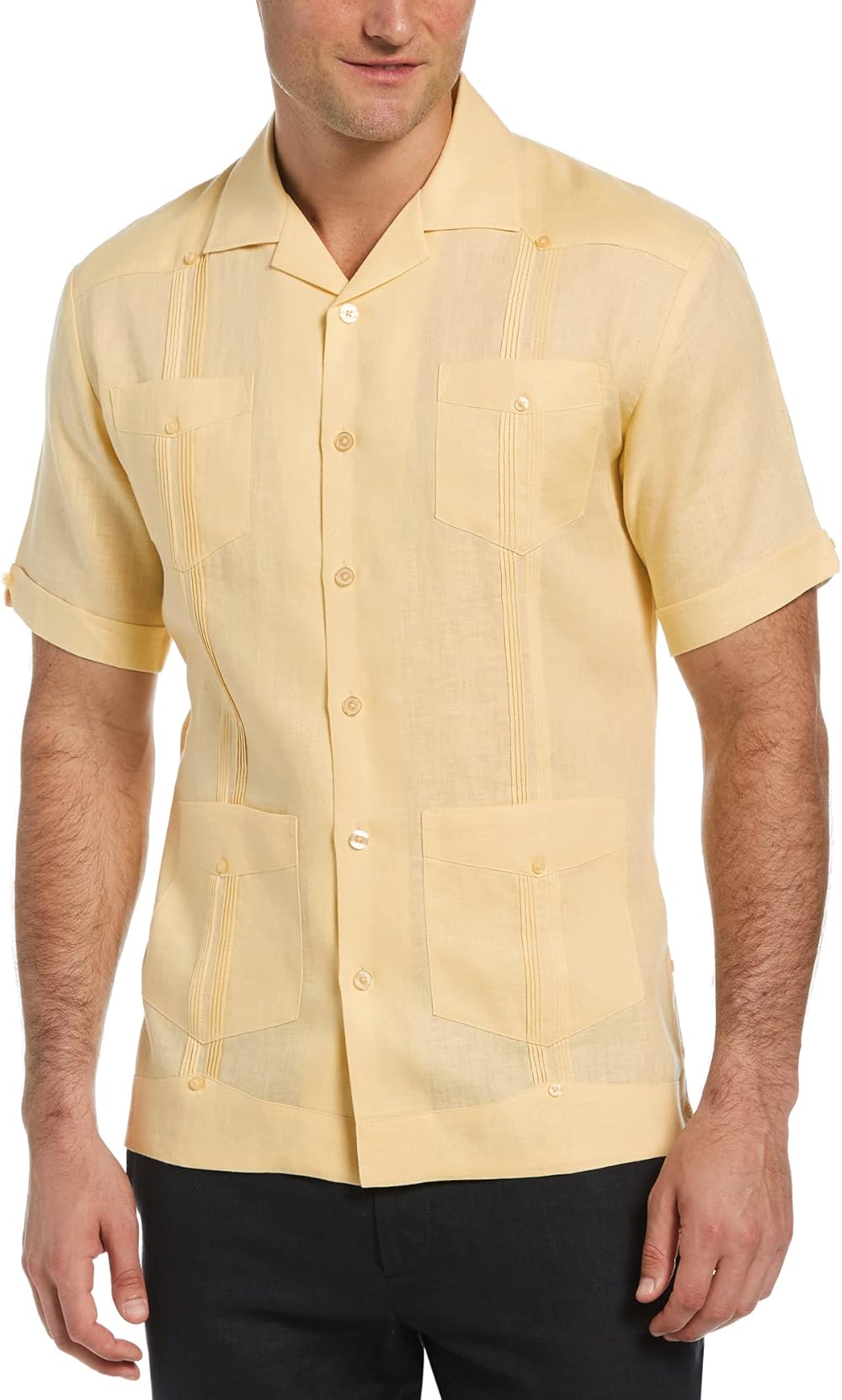 Cubavera Men's 100% Linen Short Sleeve Button-Down Guayabera Shirt with Four Pockets, Camp Collar, Pintuck Detail
