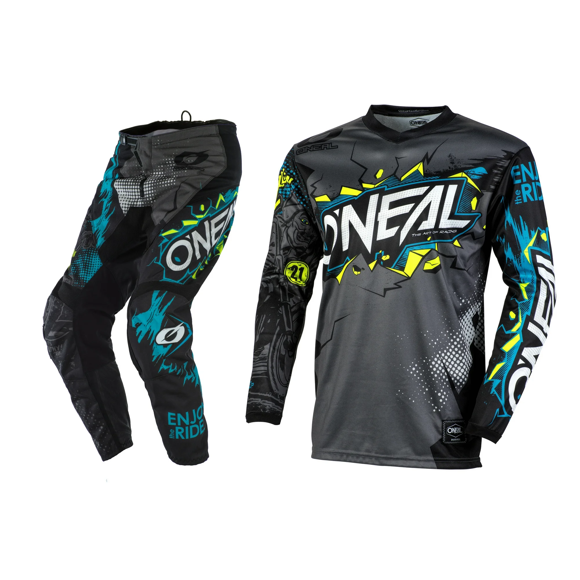 Oneal Youth/Kids Element Villain Grey Motocross Dirt bike Offroad MX Jersey Pants Combo Package Riding Gear Set Jersey