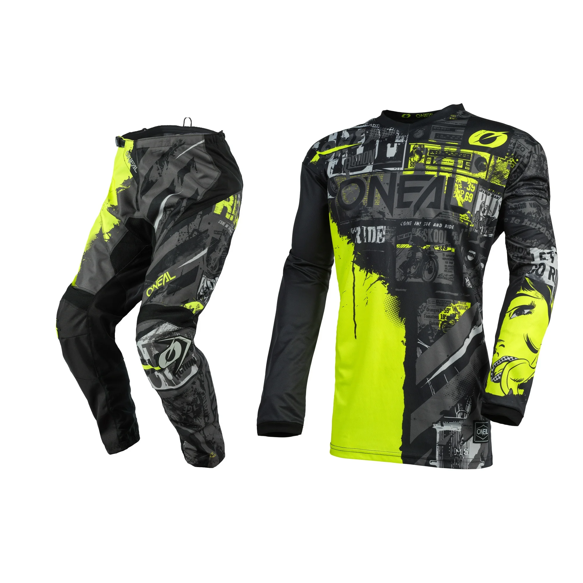 Oneal Youth/Kids Element Ride Black/Neon Motocross Dirt bike Offroad MX Jersey Pants Combo Package Riding Gear Set Jersey