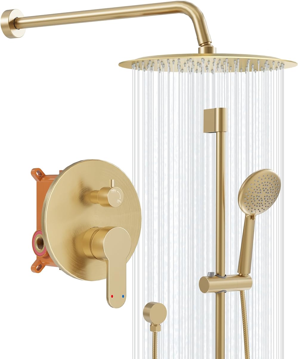 Gabrylly Wall-Mounted Shower System With Tub Spout – Brushed Gold, 10" Rain Shower Head & 3-Setting Handheld