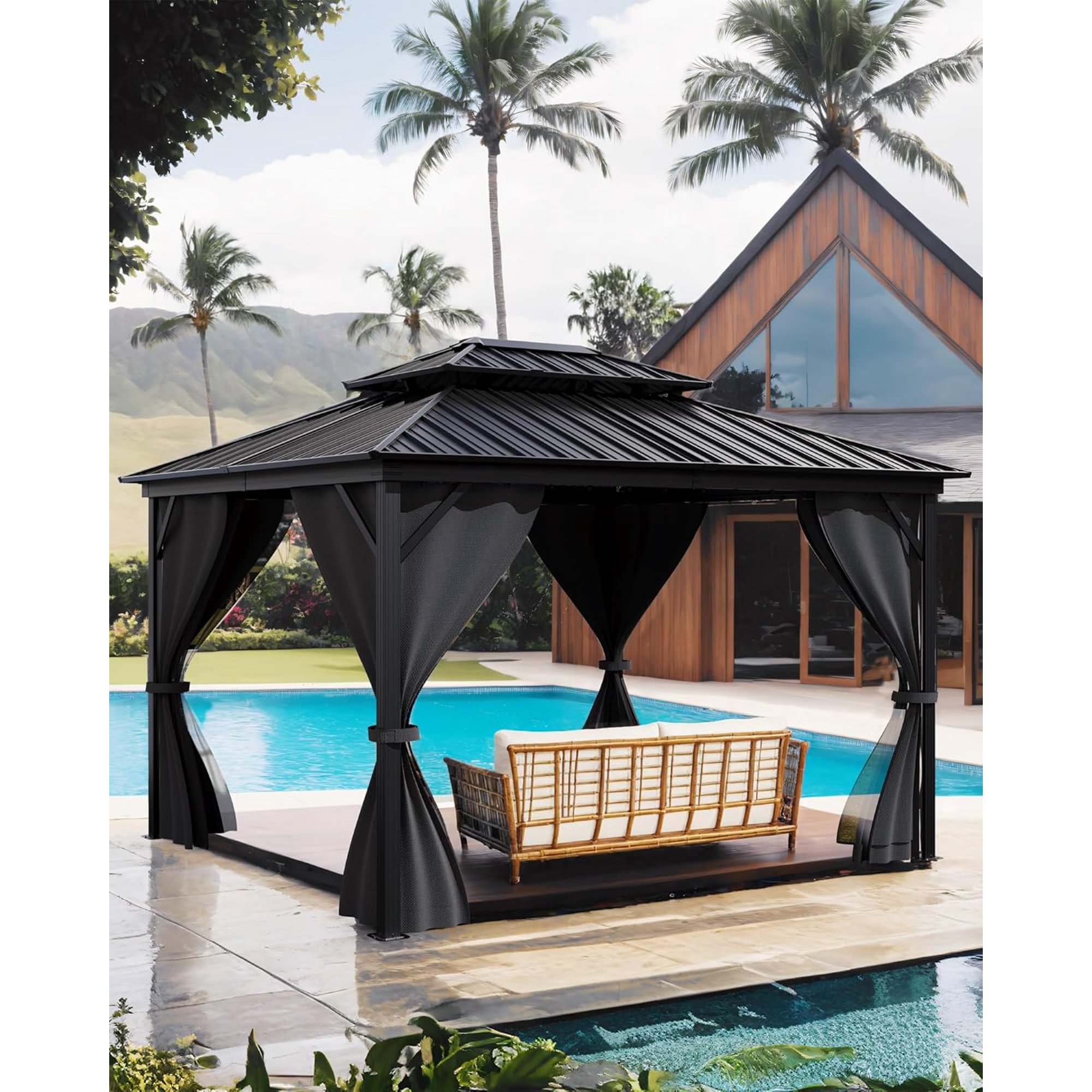 12'x12' Hardtop Gazebo With Double Metal Roof - All Weather Aluminum Frame With Net & Curtains For Patio & Backyard