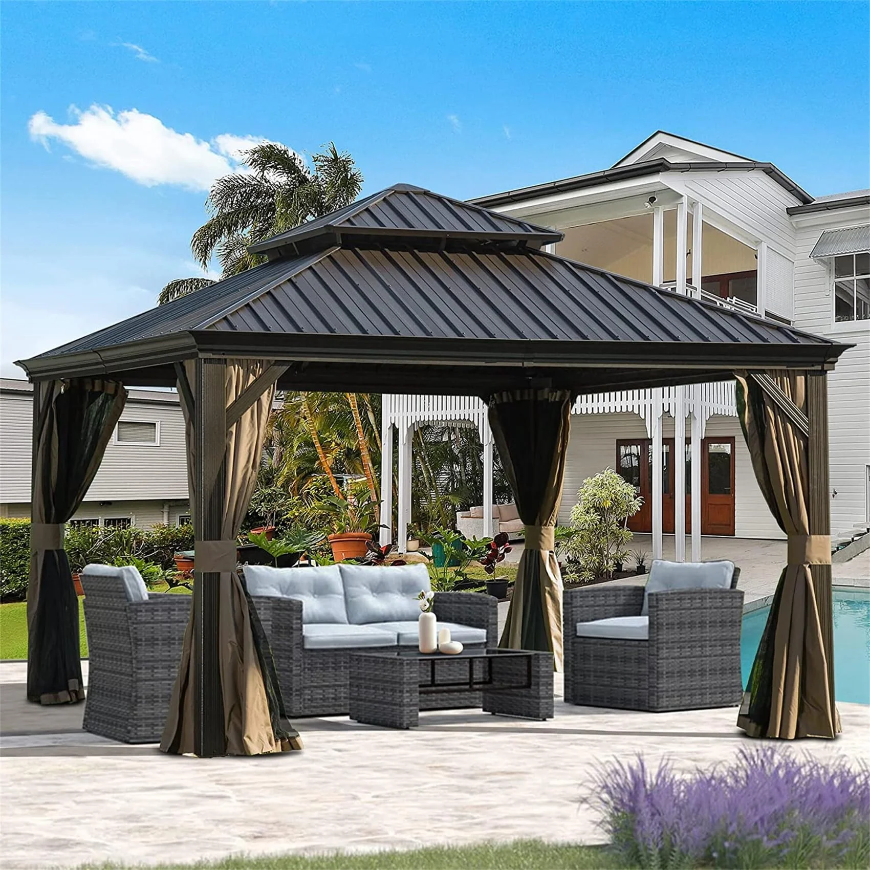 12'x12' Hardtop Gazebo With Double Metal Roof - All Weather Aluminum Frame With Net & Curtains For Patio & Backyard