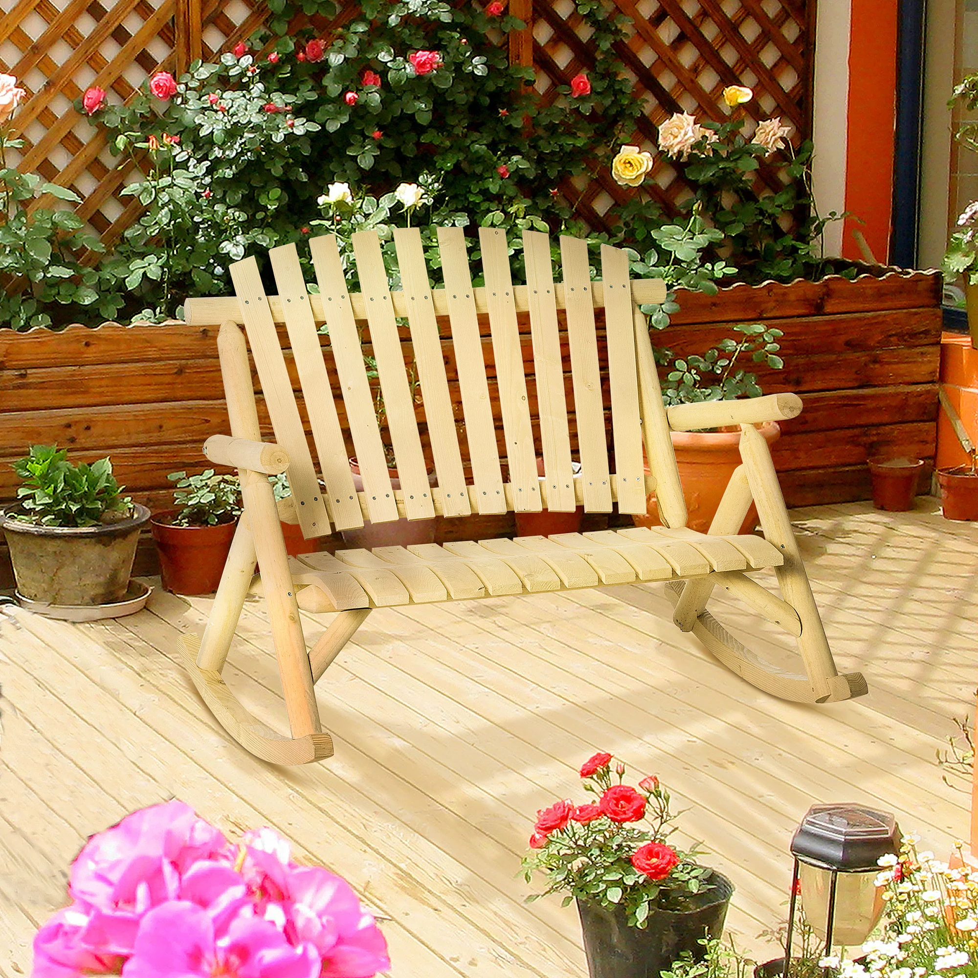 Outsunny 2-Person Wooden Rocking Chair Adirondack Rocker Bench with ...