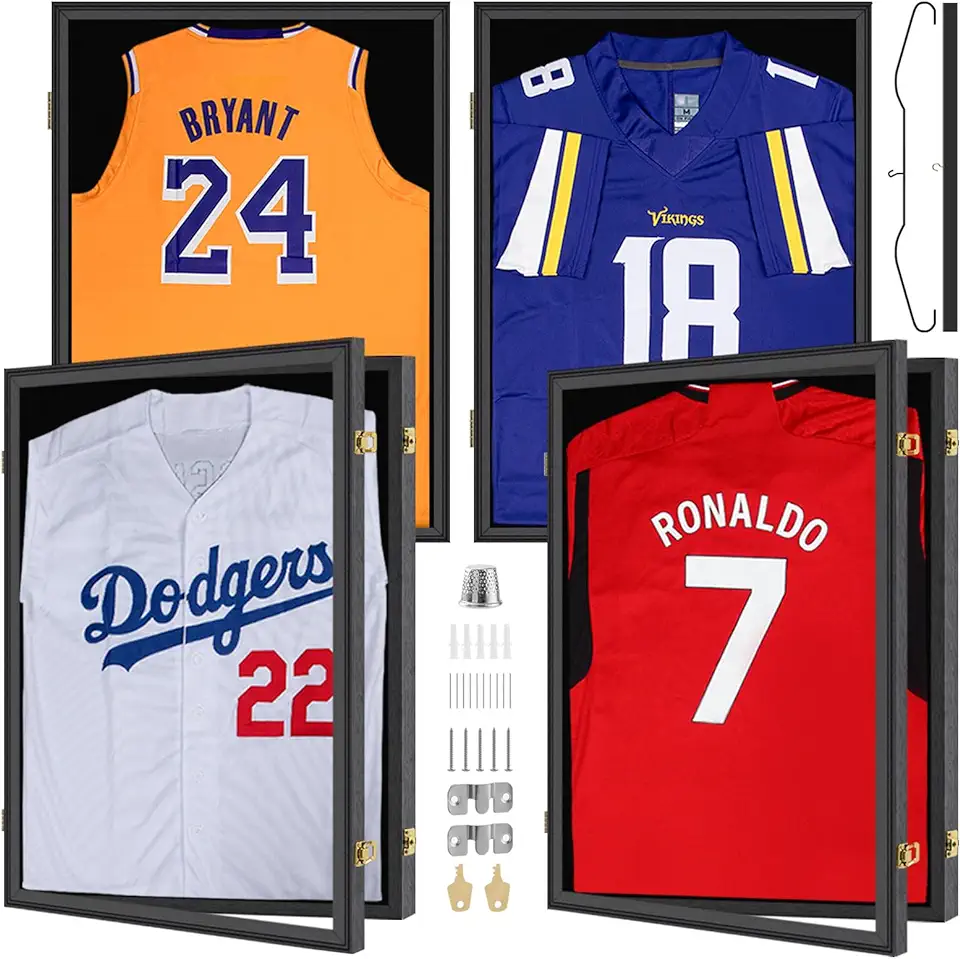 4-Pack Sports Jersey Frame Display Case Set - Lockable Large Shadow Box for Football, Soccer, Basketball, Baseball, Hockey with 98% UV Protection Acrylic and Hanger - Black