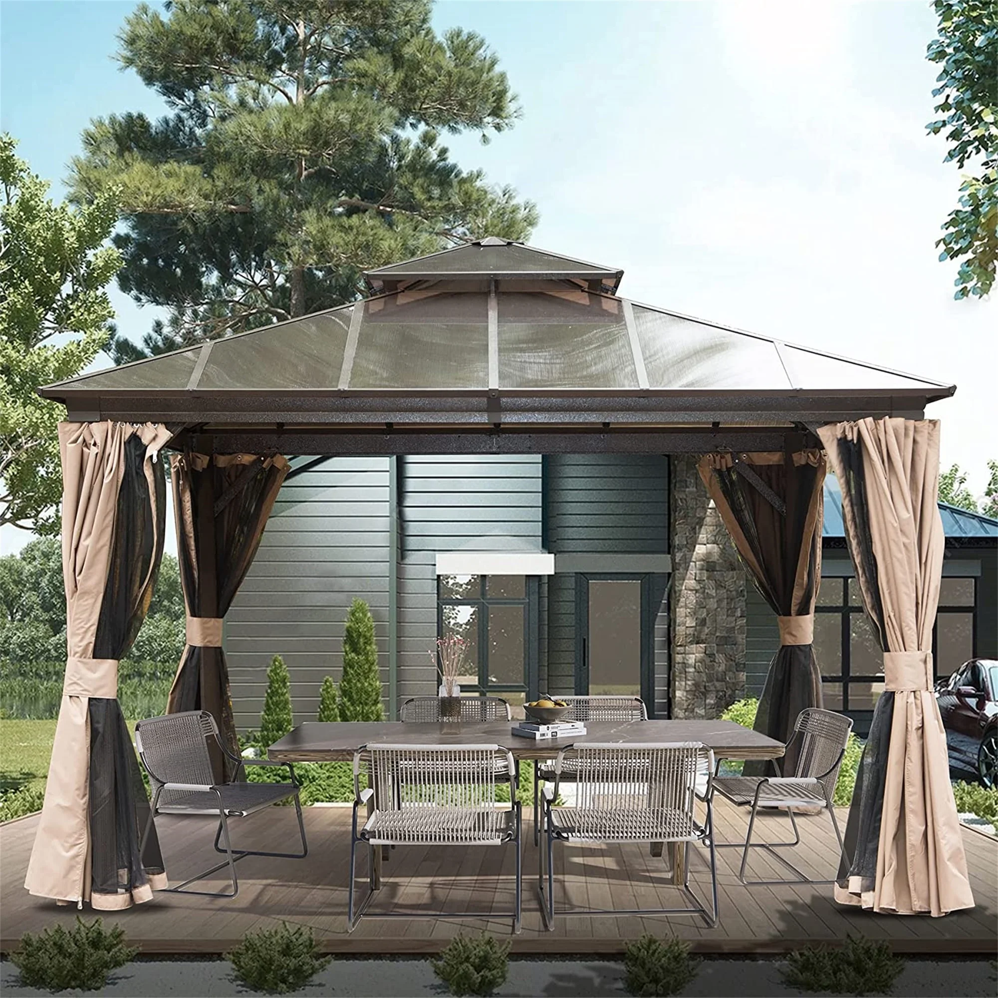 12'x12' Hardtop Gazebo With Double Metal Roof - All Weather Aluminum Frame With Net & Curtains For Patio & Backyard