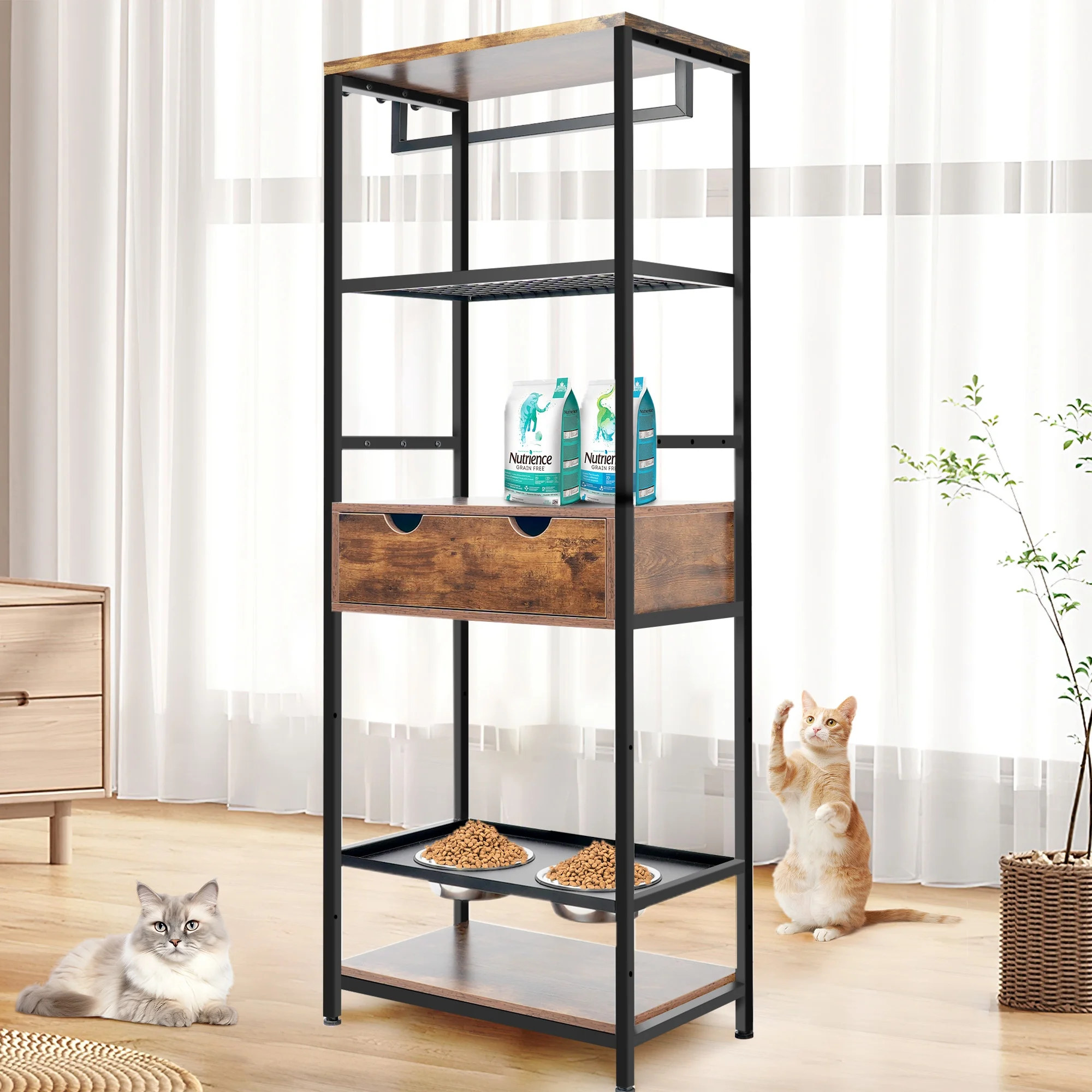 Trilenars Modern Dog Feeder Station Furniture, 3 Adjustable Heights Raised Dog Bowls Stand With 2 Stainless Steel Bowls, Multiple Shelves And Hooks, For Large Medium Dogs Cats