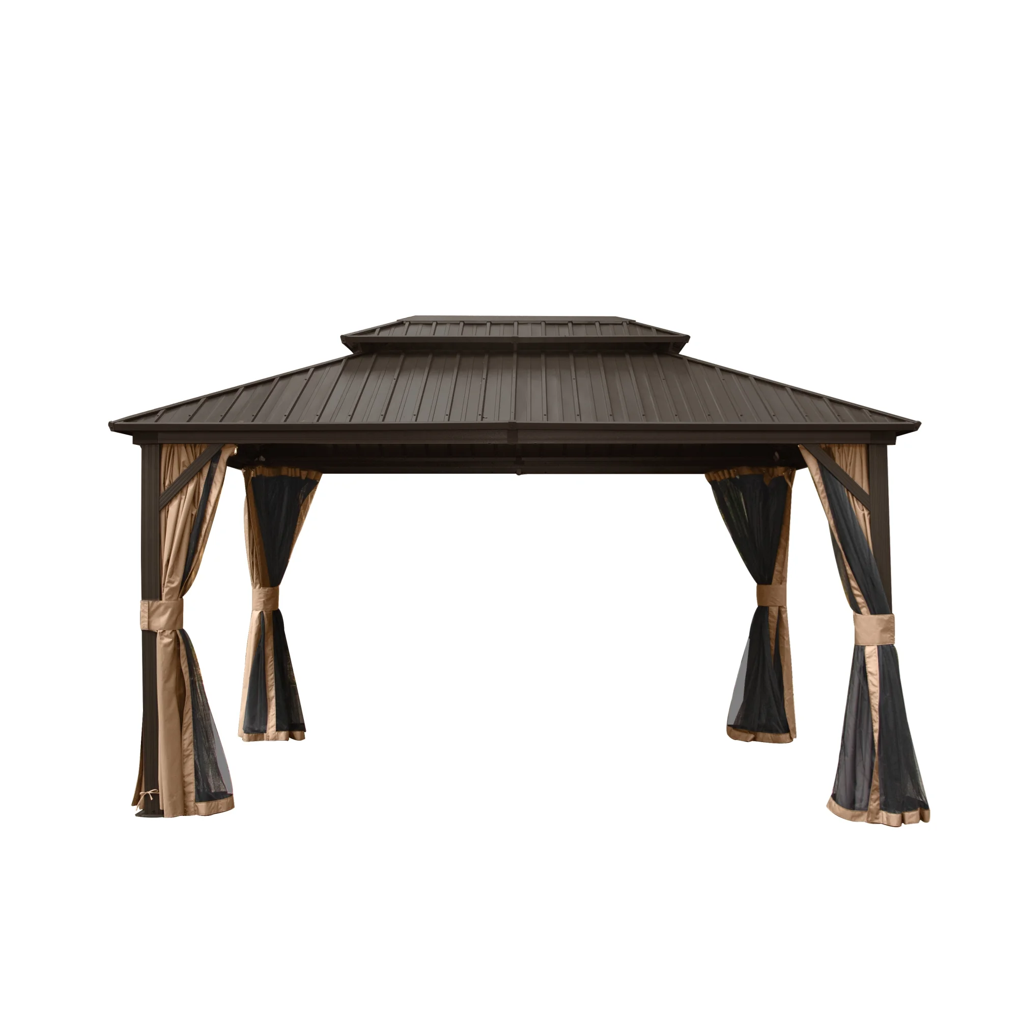 10' X 12' Hardtop Aluminum Gazebo - Permanent Outdoor Gazebo With Steel Roof, Netting & Curtains For Patio & Garden