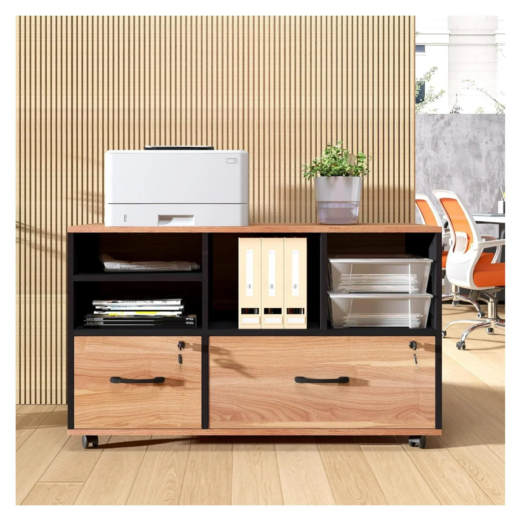 ZHANGHU 2 Drawer File Cabinet with Lock, Rolling File Cabinet for Home Office Fits Files Letter/Legal/F4/A4, Filing Cabinet 2 Drawer with Adjustable Shelf & 2 Lockable Wheels (Walnut)