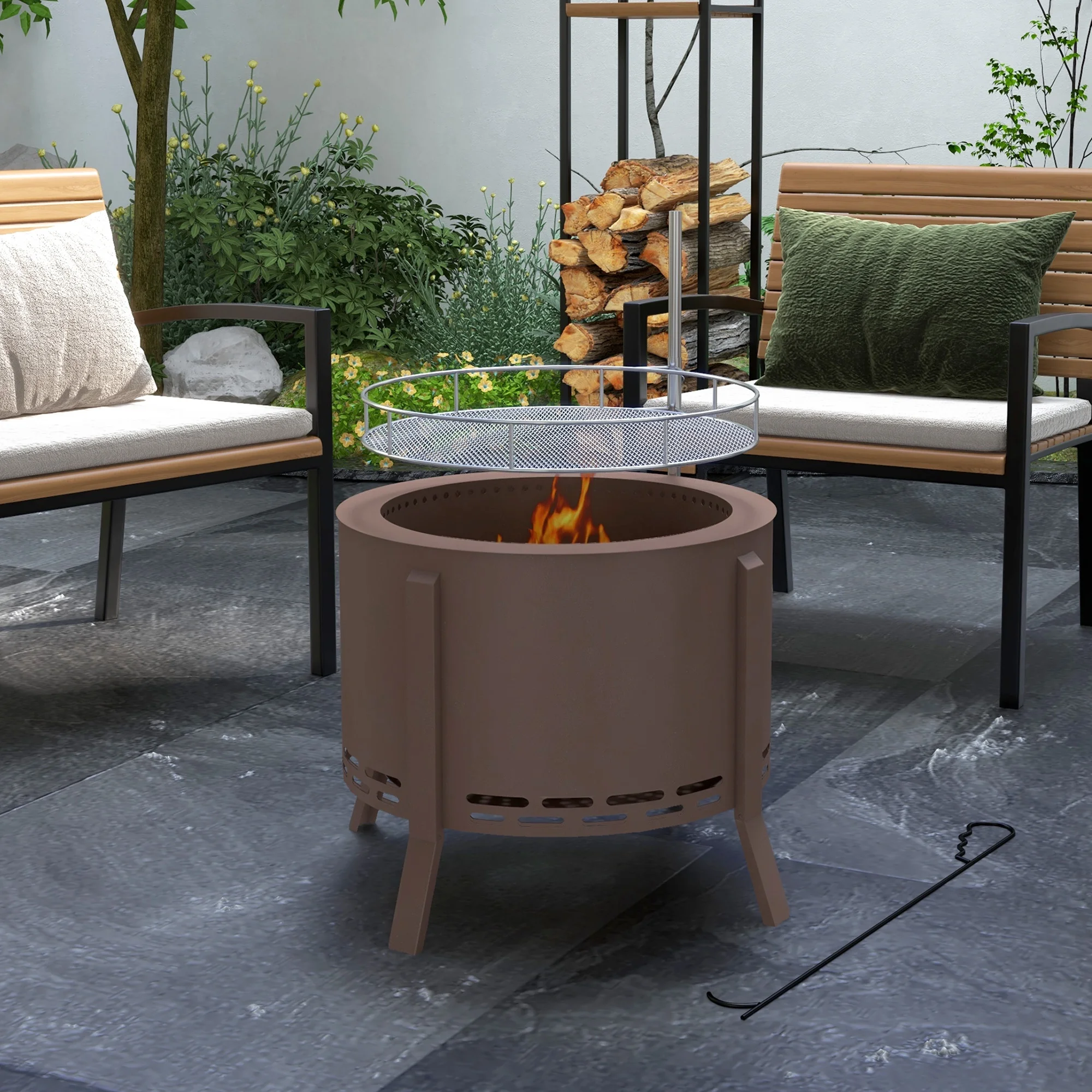 Outside Camping Bronze Smokeless Fire Pit Tabletop Wood Burning with Grill Grate&Fire Poker