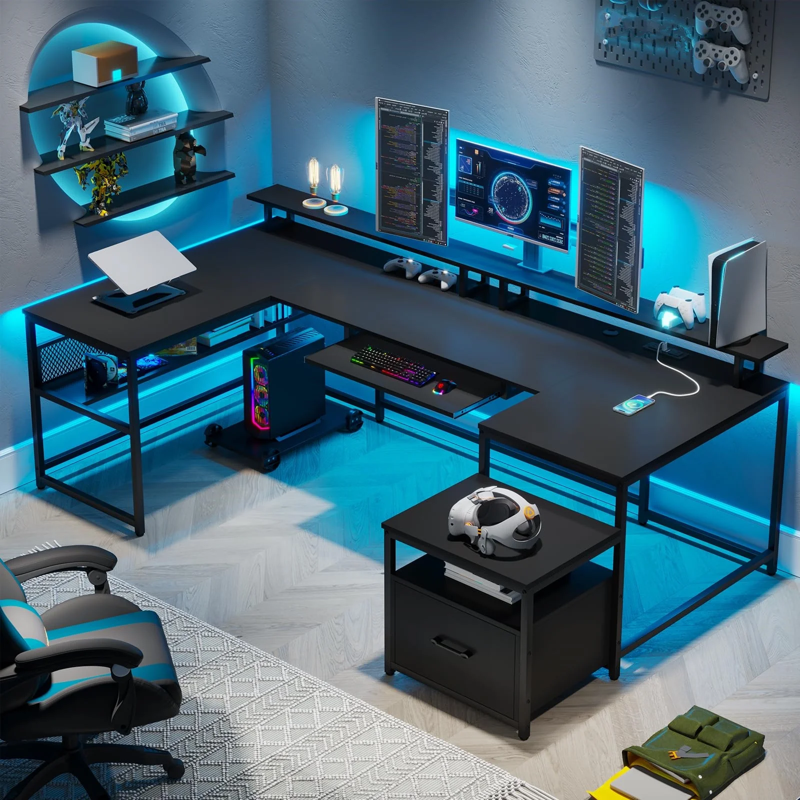 U Shaped Computer Desk with File Drawer & Power Outlet,Reversible L ...