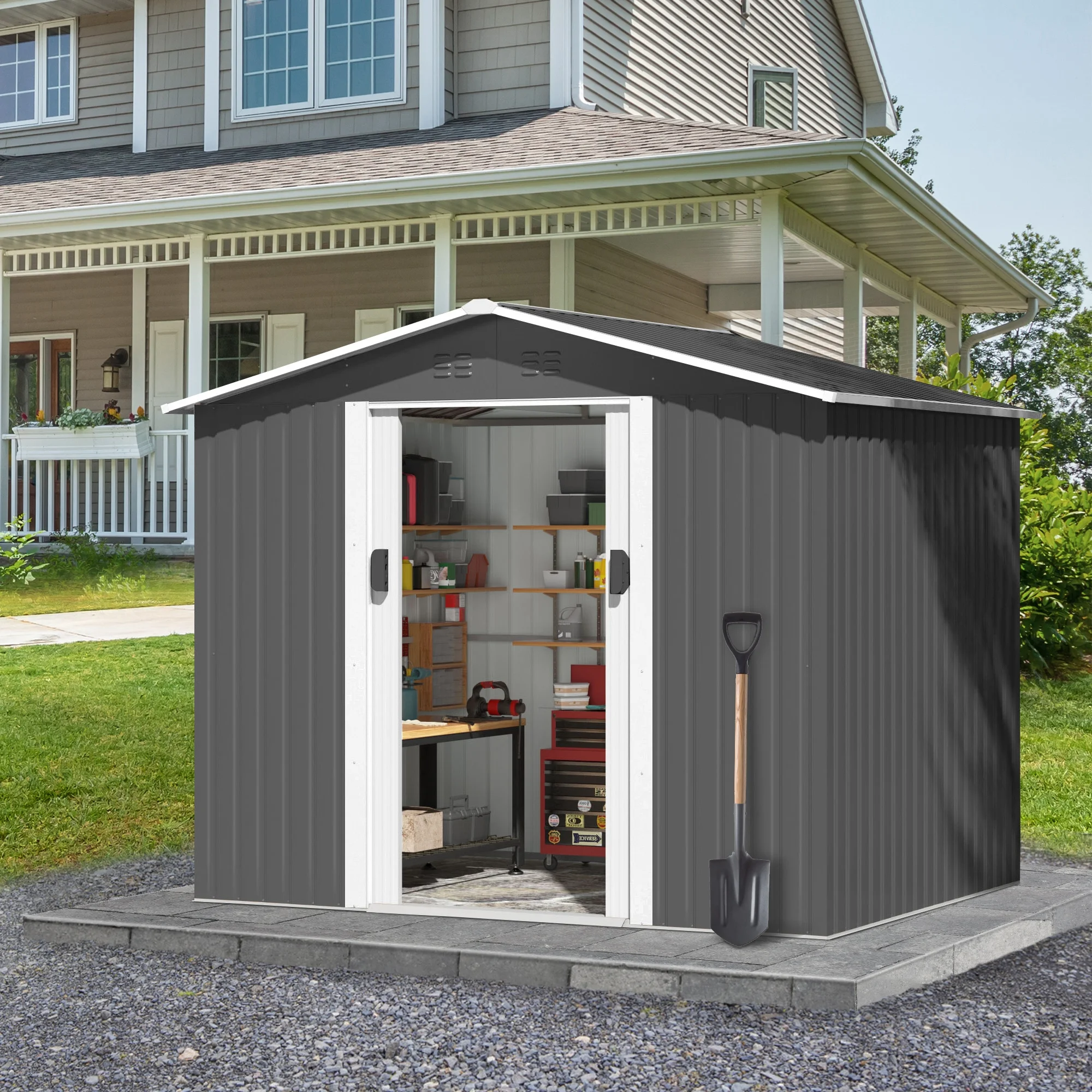Aidek 6x5 Ft Grey Metal Storage Shed With Sliding Doors & Lock - Outdoor Garden Tool Shed With Vents And Base