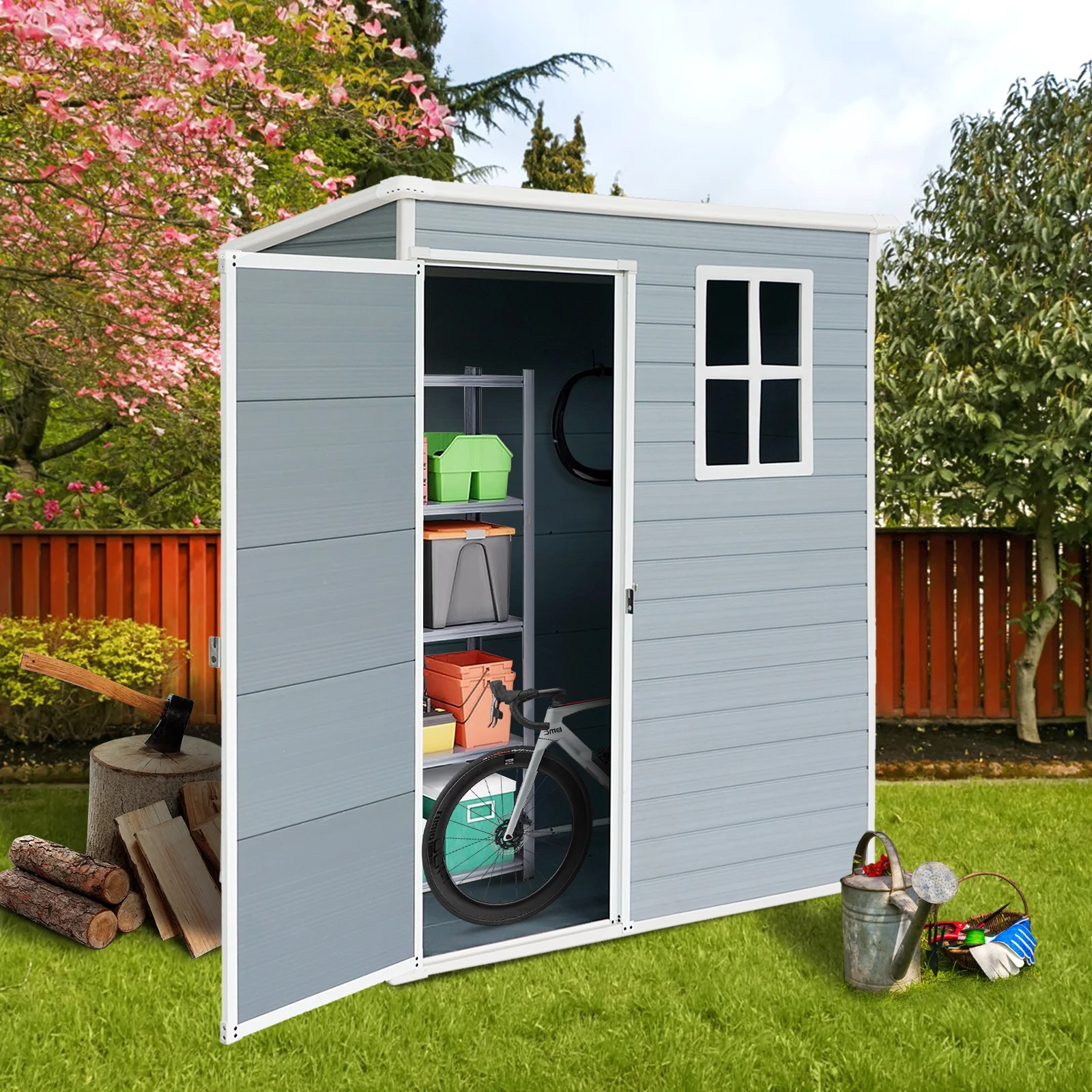 5x3 FT Resin Outdoor Storage Shed With Floor - Lockable, Waterproof Garden Shed For Backyard, Patio, Tools (Grey/White)