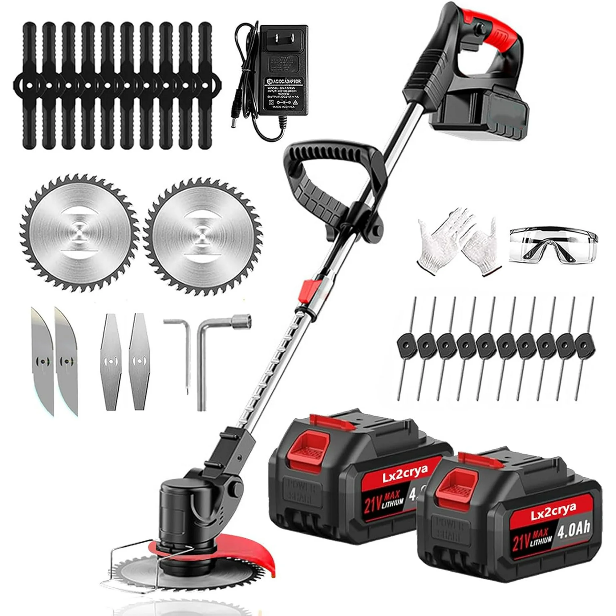 Weed Wacker Cordless, 21V Electric Weed Wacker Eater Battery Powered, Weed Trimmer with 2Pcs 4.0Ah Batteries, 4 in 1 No String Grass Trimmer/Edger/Brush Cutter for Lawn Yard Garden