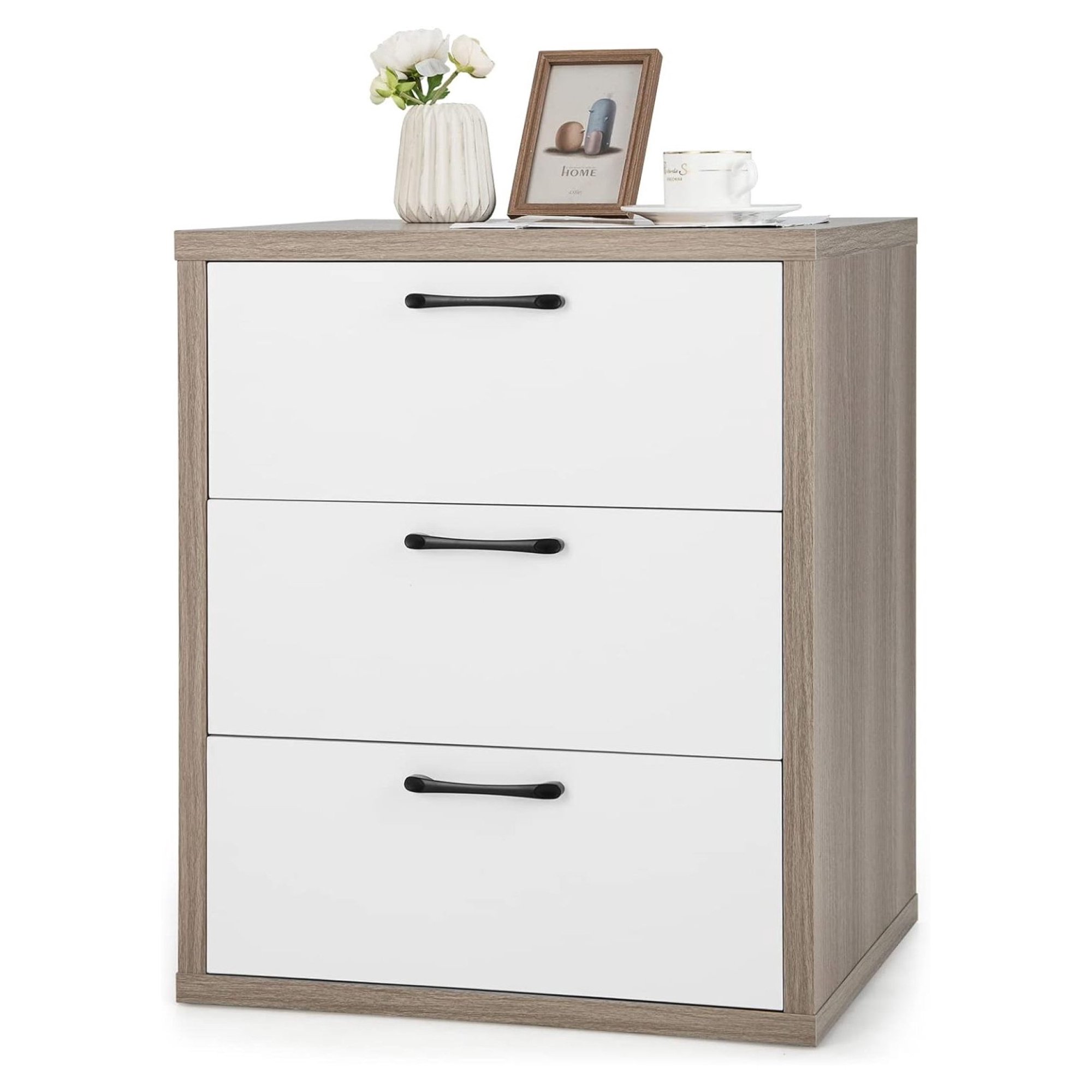 ZHANGHU 3-Drawer Dresser, Modern Chest of Drawers, Floor Wooden Storage Organizer with 3 Pull-Out Drawers, Freestanding Utility Storage Cabinet for Living Room, Bedroom, Entryway, Study, Grey & White