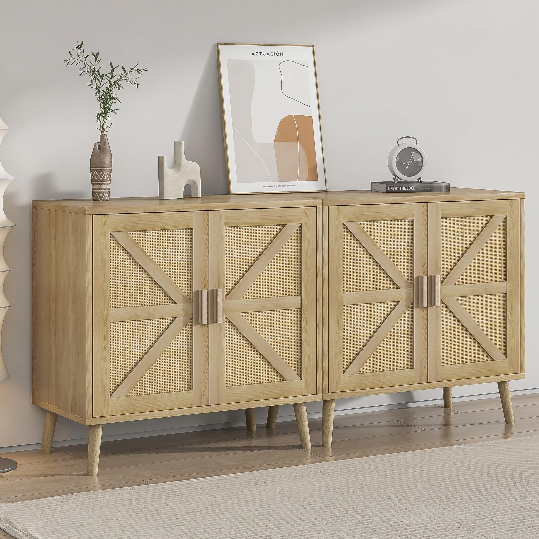 Sideboard Buffet Kitchen Storage Cabinet with Rattan Decorated Doors and Adjustable Shelves, Accent Cabinet Sideboard Buffet, Cupboard Console Table for Living Room Dining Room Entryway