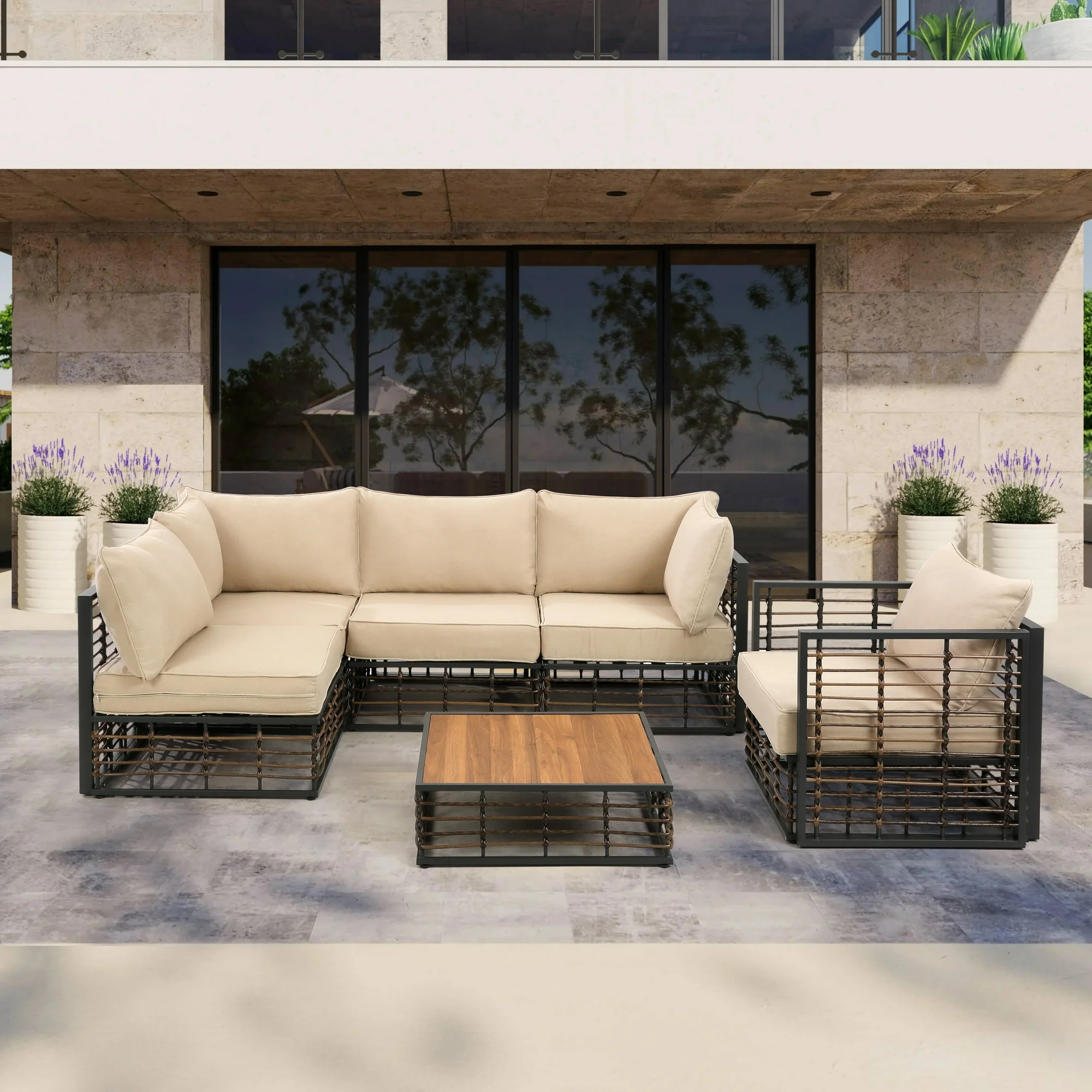 Homefun 6-Piece Outdoor Patio Furniture Set Patio Couch with Side Table Stylish Sectional Sofa with Thick Cushions and Customizable Layout for Garden, Poolside, and Lawn,Beige