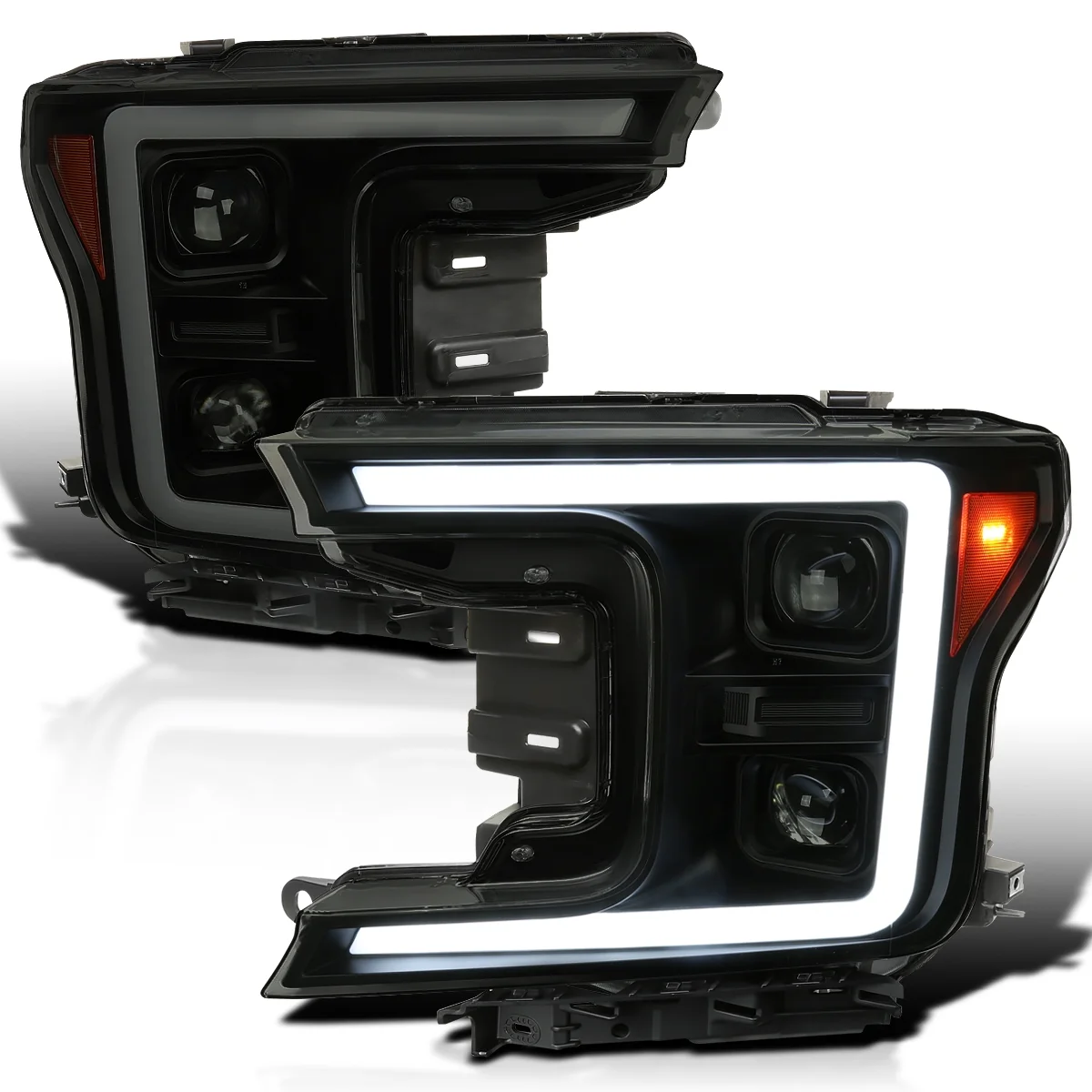 Spec-D Tuning LED Light Bar Black Housing Smoke Lens Sequential Signal Switchback Projector Headlights Compatible with 2018-2020 Ford F150 Left + Right Pair Headlamps Assembly