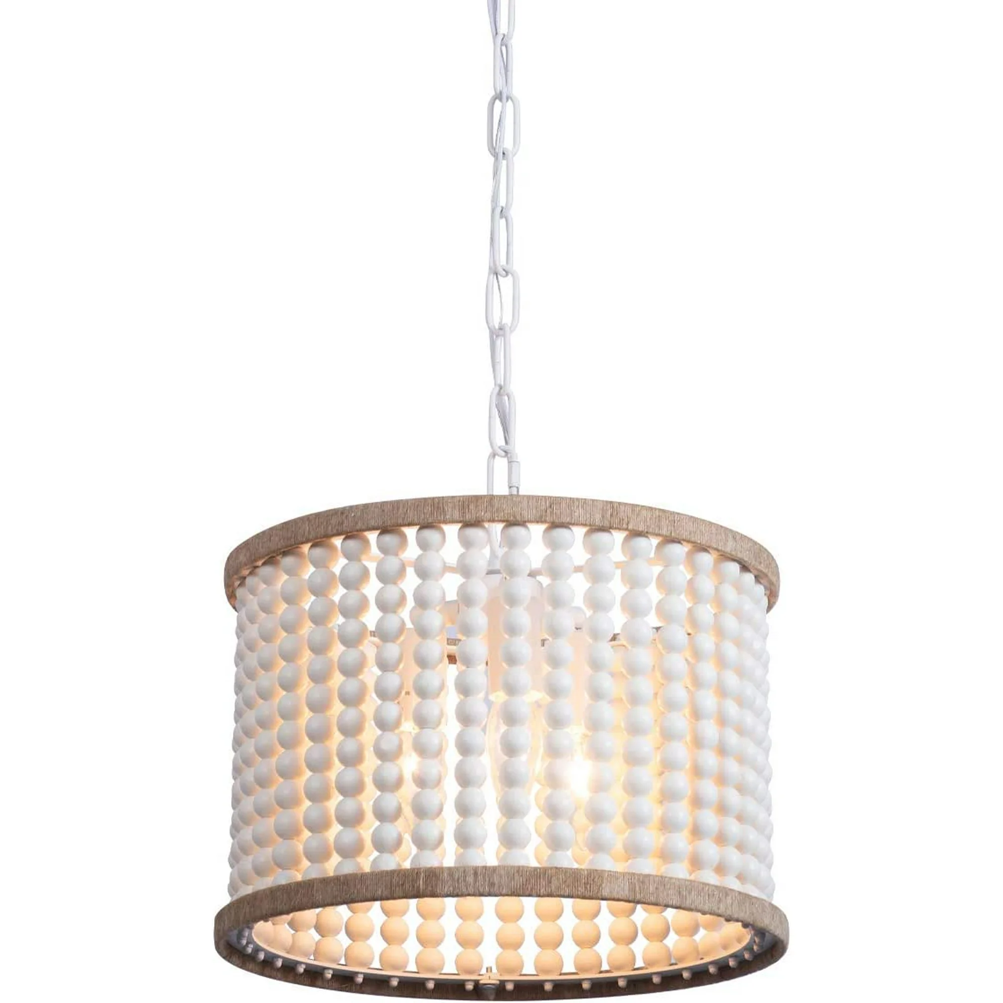 WEIKE Bohemia Wood Beaded Chandelier Antique Rustic Pendant Light White Finishing for Bedroom, Kitchen Island, Girl Room 3-Light