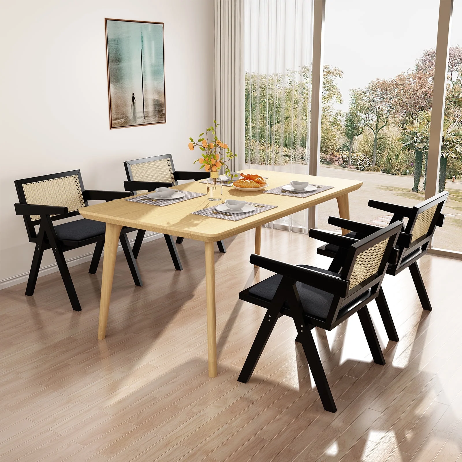 HomeZeer Rattan Dining Chars Set of 4, Upholstered Kitchen Chairs with Armrest and Cane Backrest, Mid Century Wooden Frame Dining Chais, Black