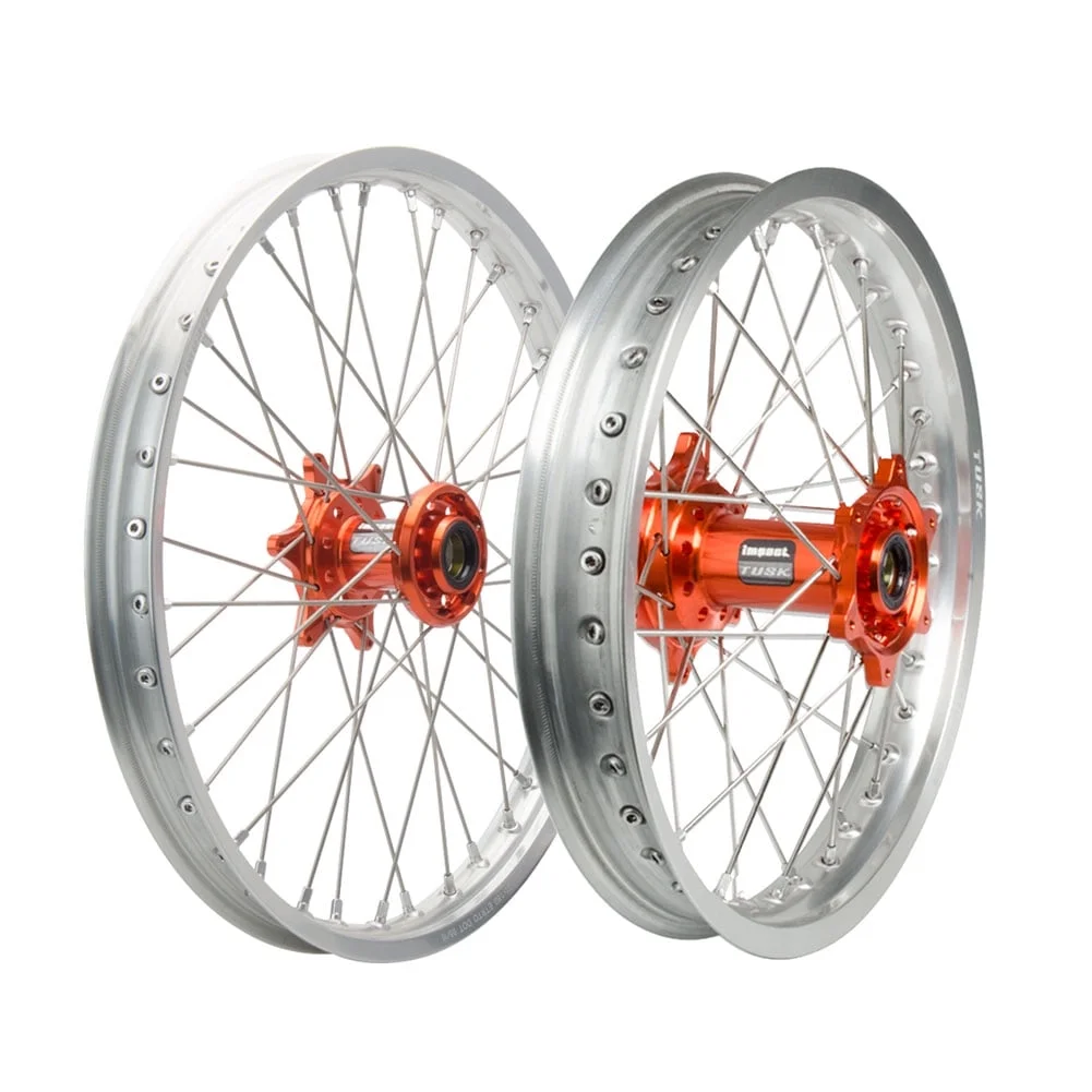 Tusk Impact Complete Front and Rear Wheel 1.60 x 21/2.15 x 18 Silver Rim/Silver Spoke/Orange Hub For Husqvarna TE 300 Heritage 2023