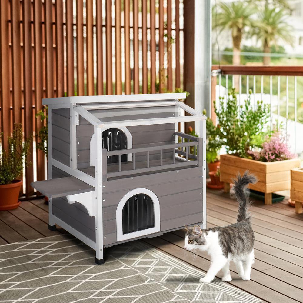 ZGBY Outdoor/Indoor Cat House Wood Shelter With Condo W/ Escape Door Weatherproof