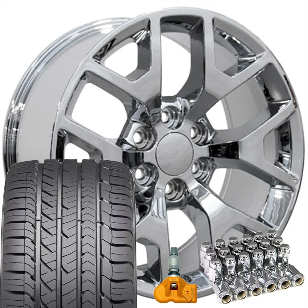 OE Wheels 22 inch Chrome 5656 Honeycomb Rims Goodyear Tires, Lugs, TPMS Set Fits Specific GM Trucks