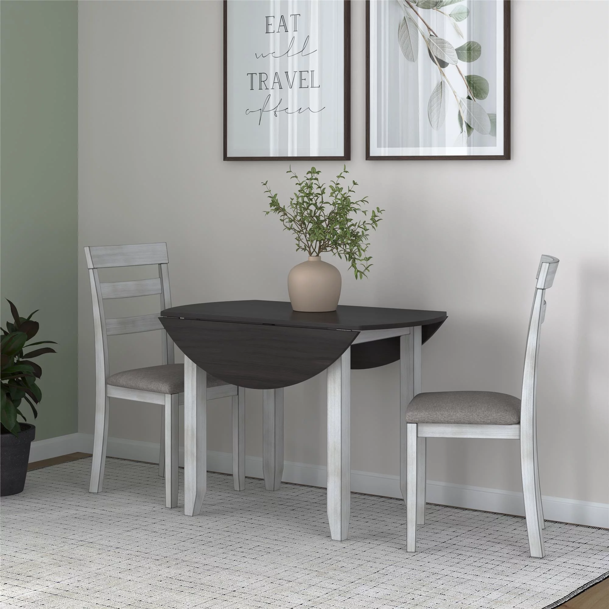 DHP Jersey 3-Piece Drop Leaf Wood Dining Set with Round Table and 2 Chairs, Brown/Oyster White Shell
