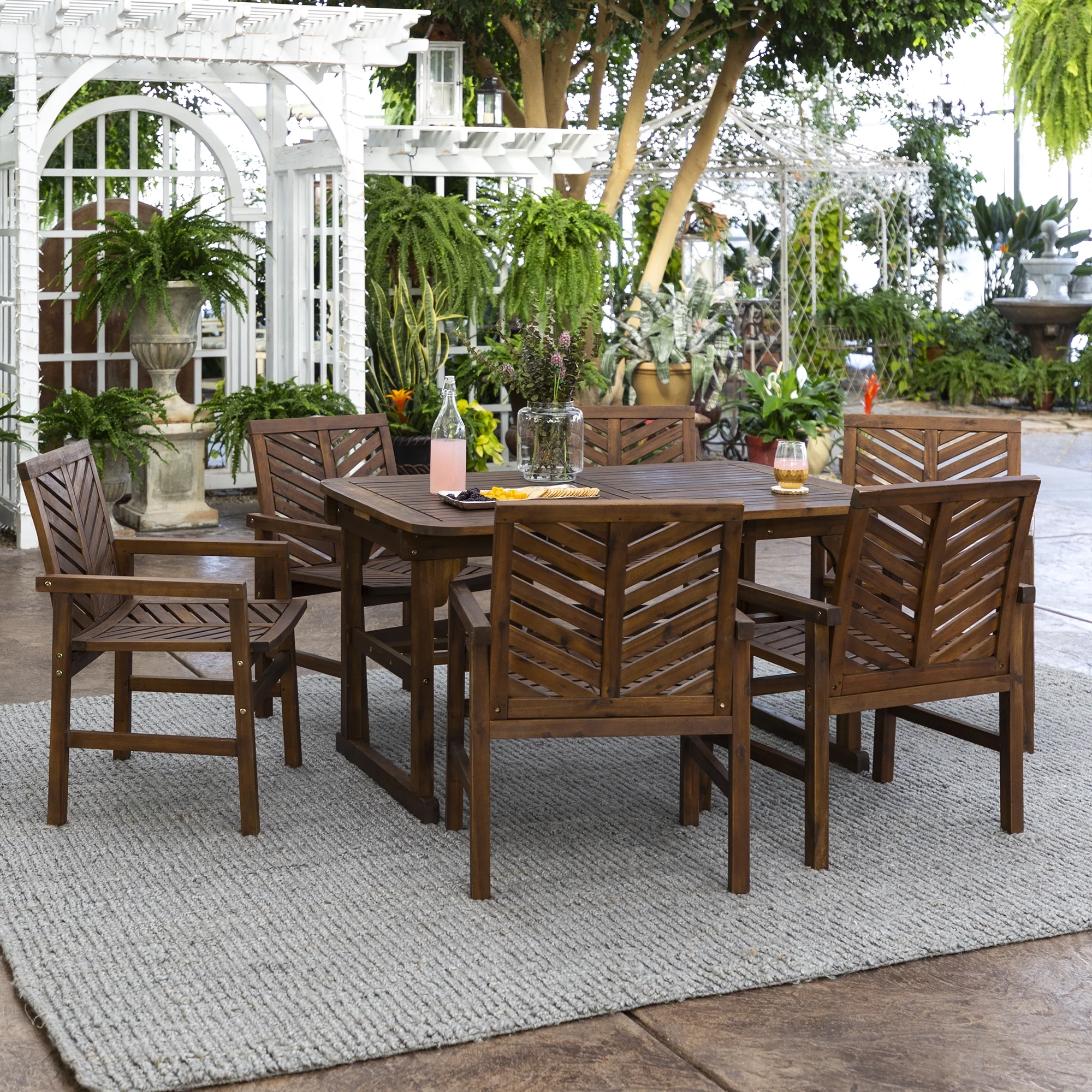 Walker Edison Dark Brown Chevron 7-Piece Wood Outdoor Patio Dining Set ...