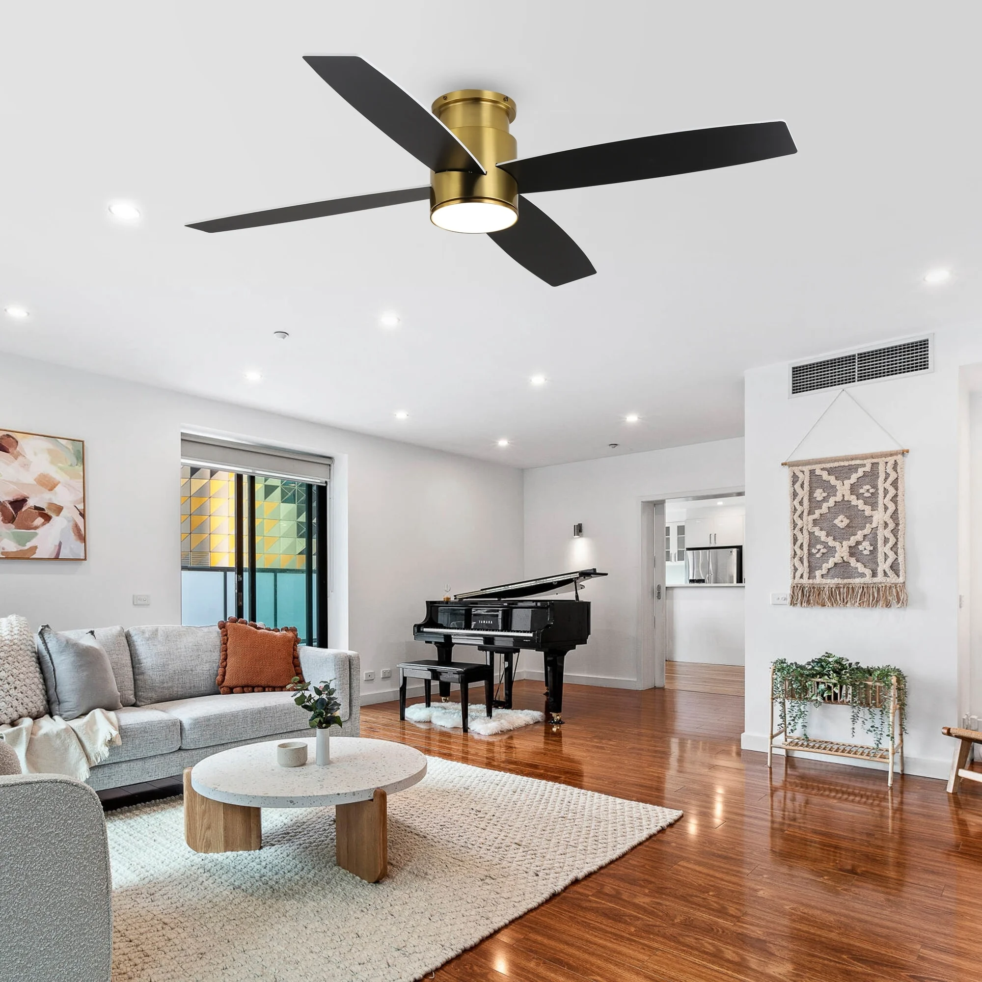 WINGBO 52 Inch Flush Mount DC Ceiling Fan with Lights and Remote, 4 Reversible Blades 52 inch - Black/Gold/White