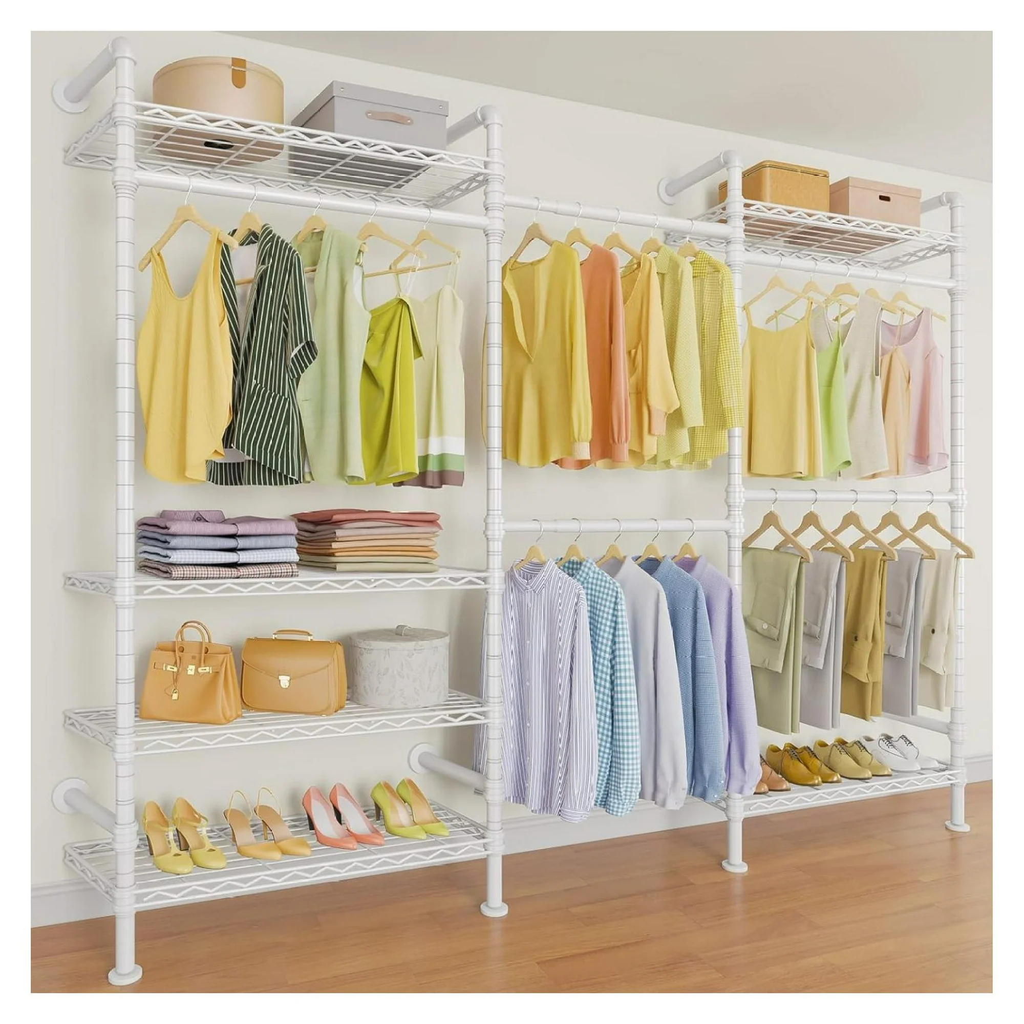 ZHANGHU F3 Garment Rack Heavy Duty Clothes Rack for Hanging Clothes, Expandable Industrial Pipe Wall Mounted Clothing Rack, Adjustable Storage Closet Wardrobe Closet Kit Walk in Closet Systems, White