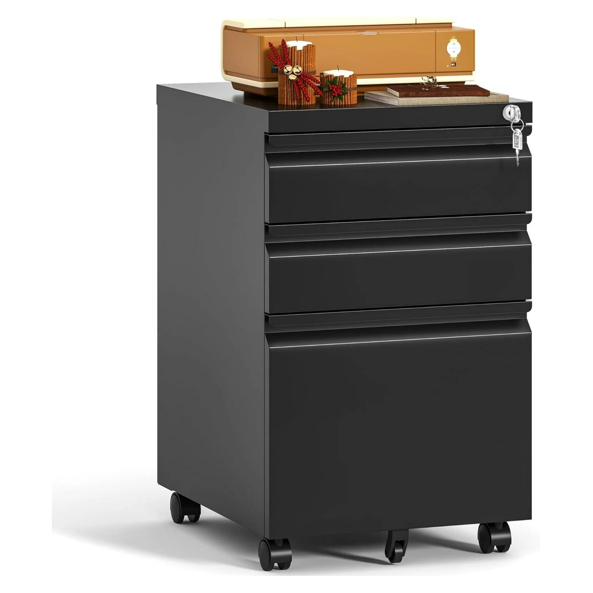 ZHANGHU 3 Drawer Mobile File Cabinet with Lock, Under Desk Metal Filing Cabinet, Fully Assembled Rolling File Cabinet with Wheels for Home Office Letters/Legal/A4 (Black)