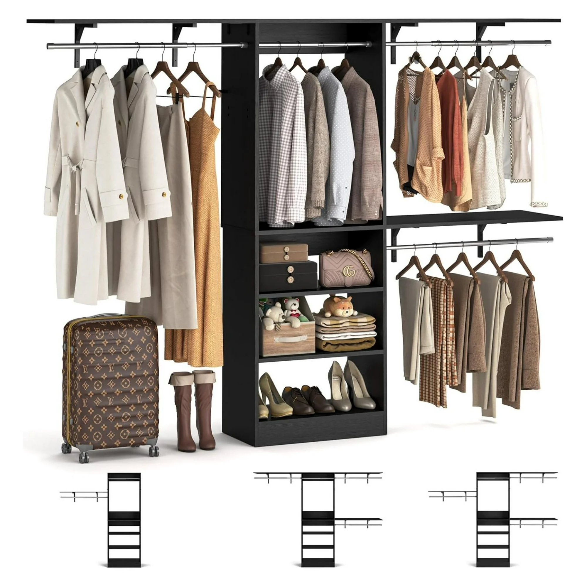 ZHANGHU 8FT Closet System with Shelves, 96'' Closet Organizer System with 3 Hanging Rods, Wall Mount Bedroom Wardrobe Walk-in Closet, Adjustable Cloth Garment Rack from 5 to 8FT (Cut to Fit), Black