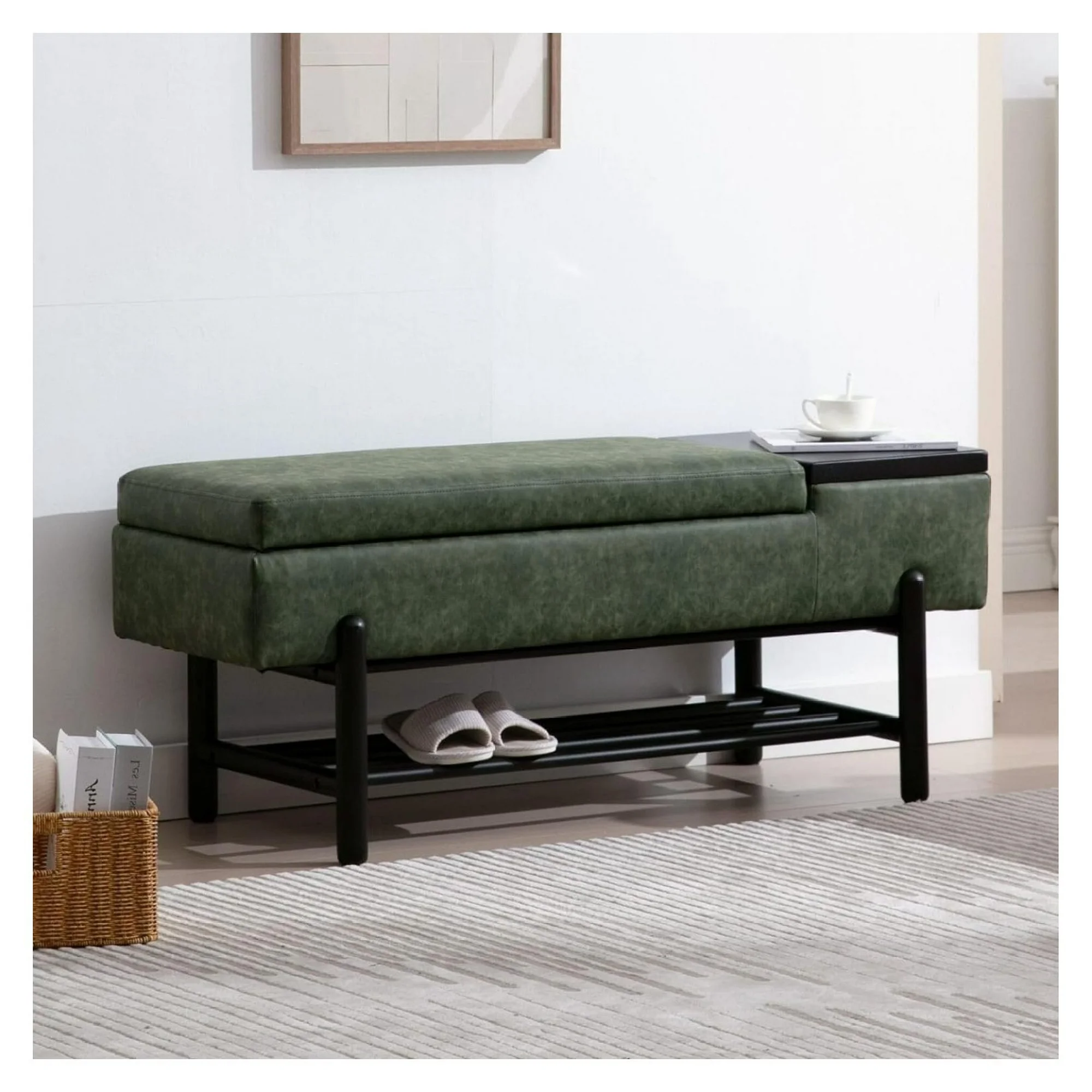 ZHANGHU Green Leather Bench for Bedroom End of Bed Upholstered Storage Ottoman Bench Modern Storage Bench with Cushion Seating for Living Room Entryway