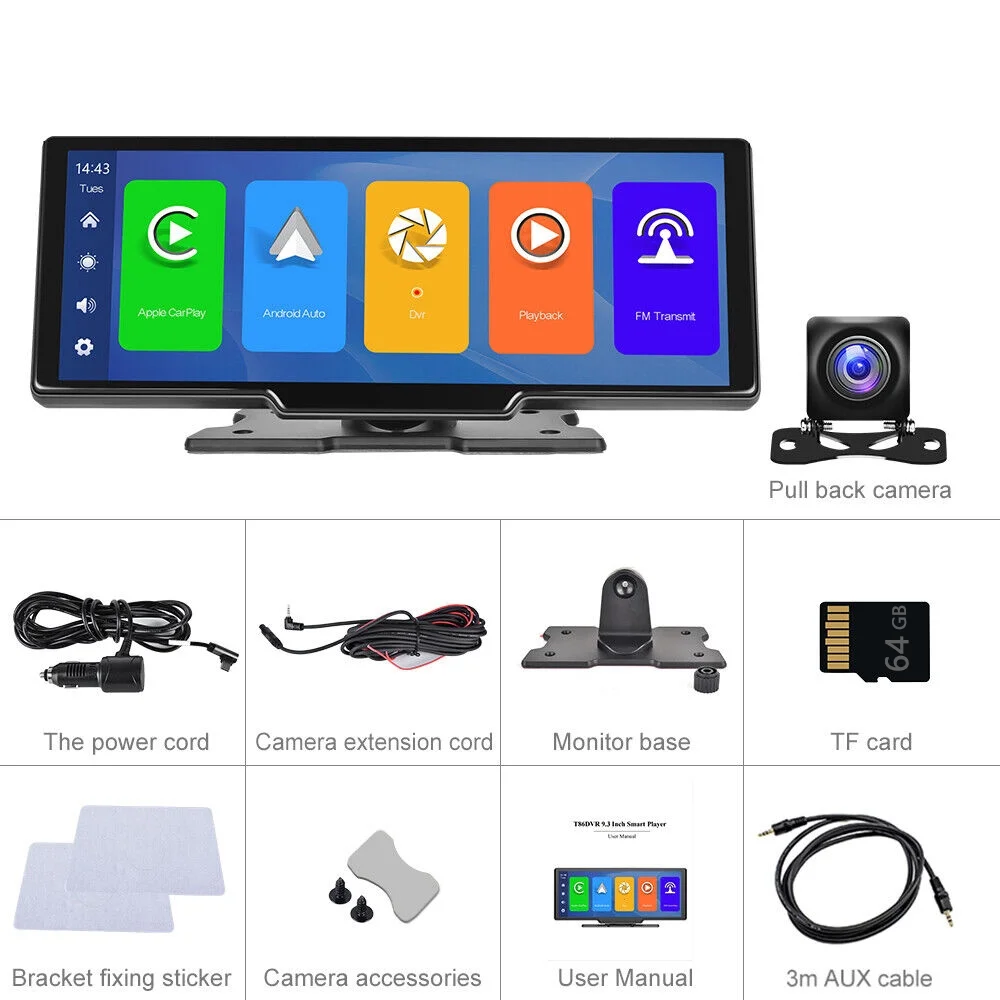 Virwir Wireless Apple Carplay Car Stereo Portable 10.26’ Touch Screen Apple Carplay and Android Auto1080p Backup Camera DVR