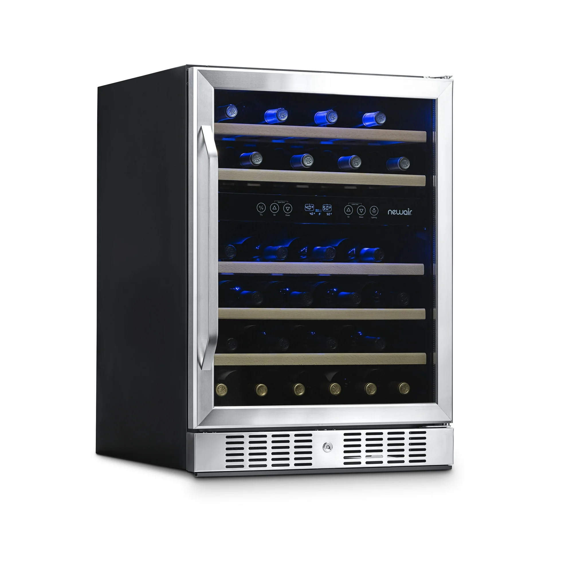 Newair 24 inch - 46 Bottle Wine Cooler Refrigerator, Built-in Recessed Kickplate, Dual Zone Wine Fridge in Stainless Steel