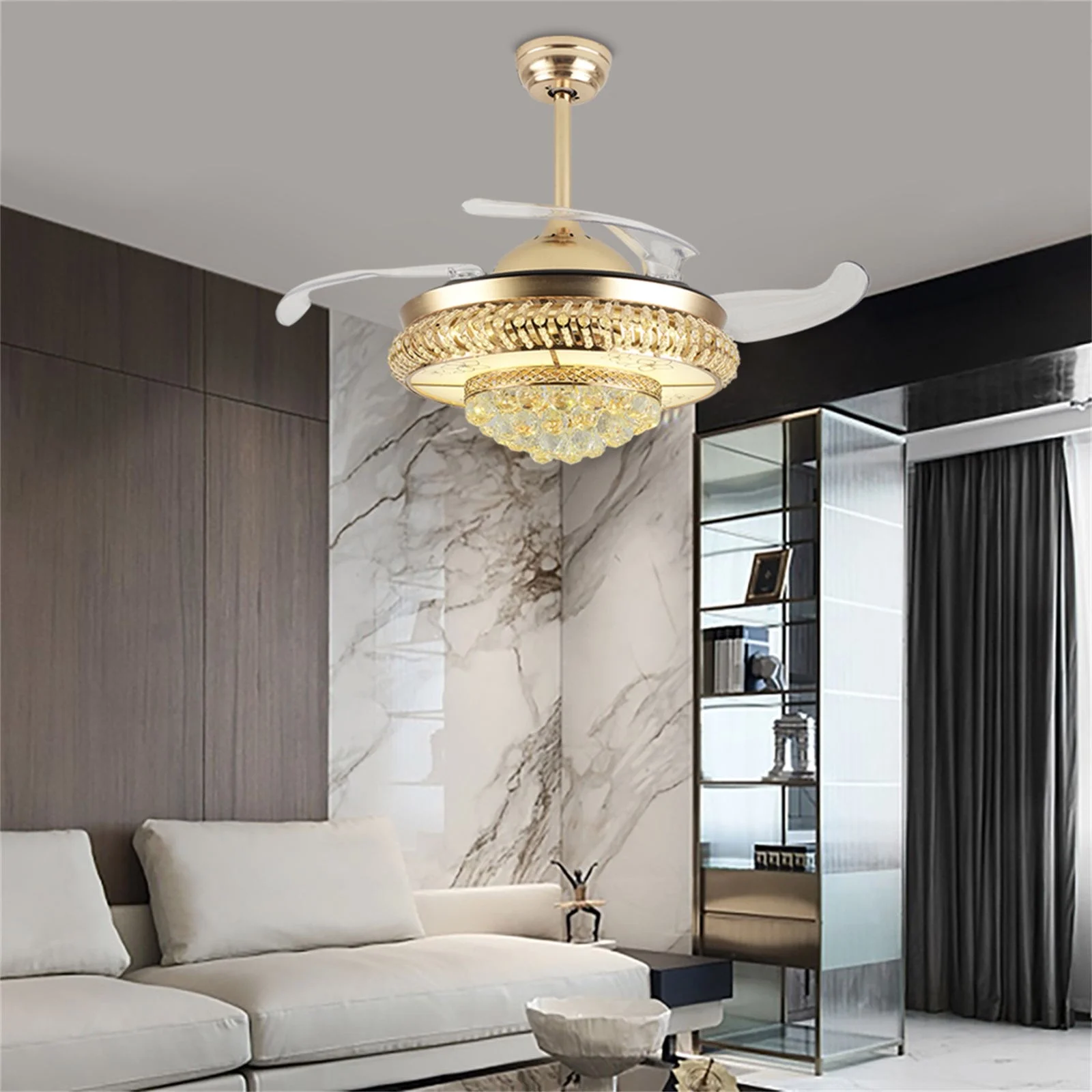 WUZSTAR Modern Crystal Ceiling Fan Light,Remote Control 4 Blades Fan Chandelier for Living Room Dining Room Bedroom,Gold