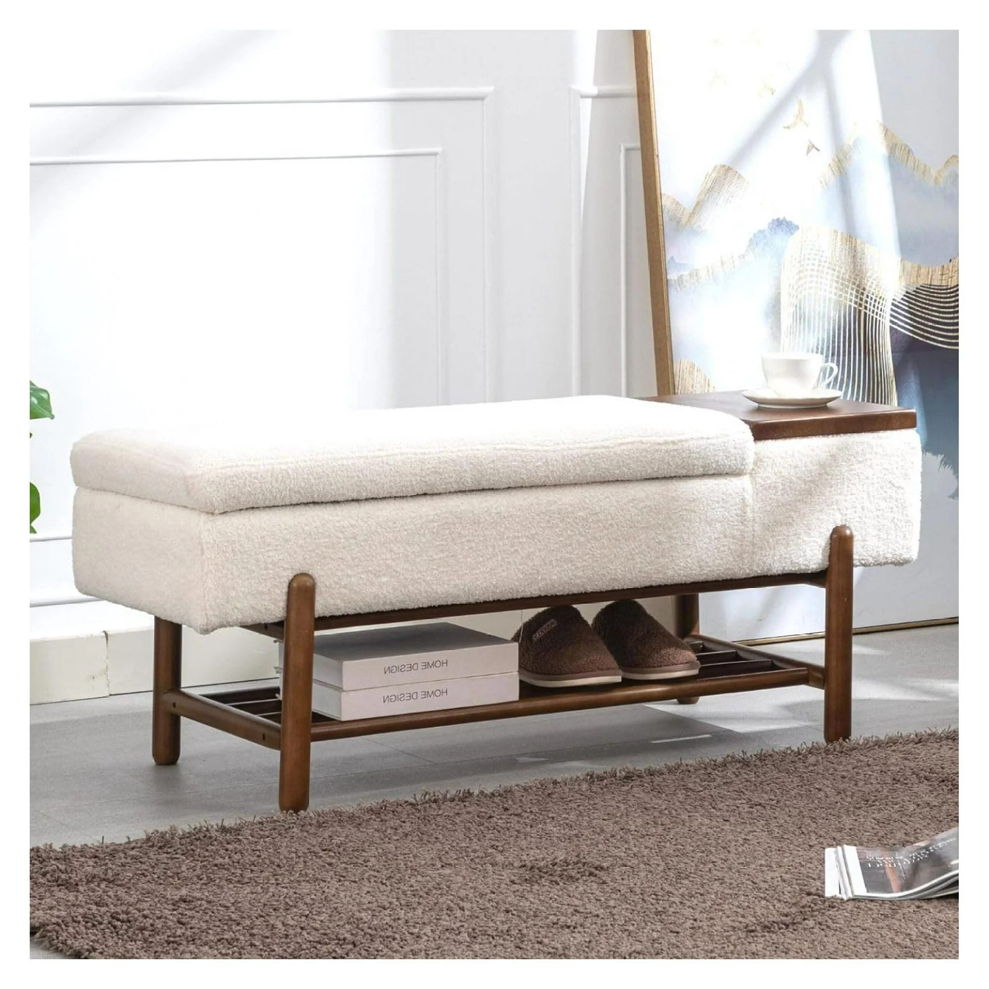 ZHANGHU Beige Bench for Bedroom End of Bed Upholstered Storage Ottoman Bench Modern Storage Bench with Cushion Seating for Living Room Entryway, Lambswool&Wood Legs