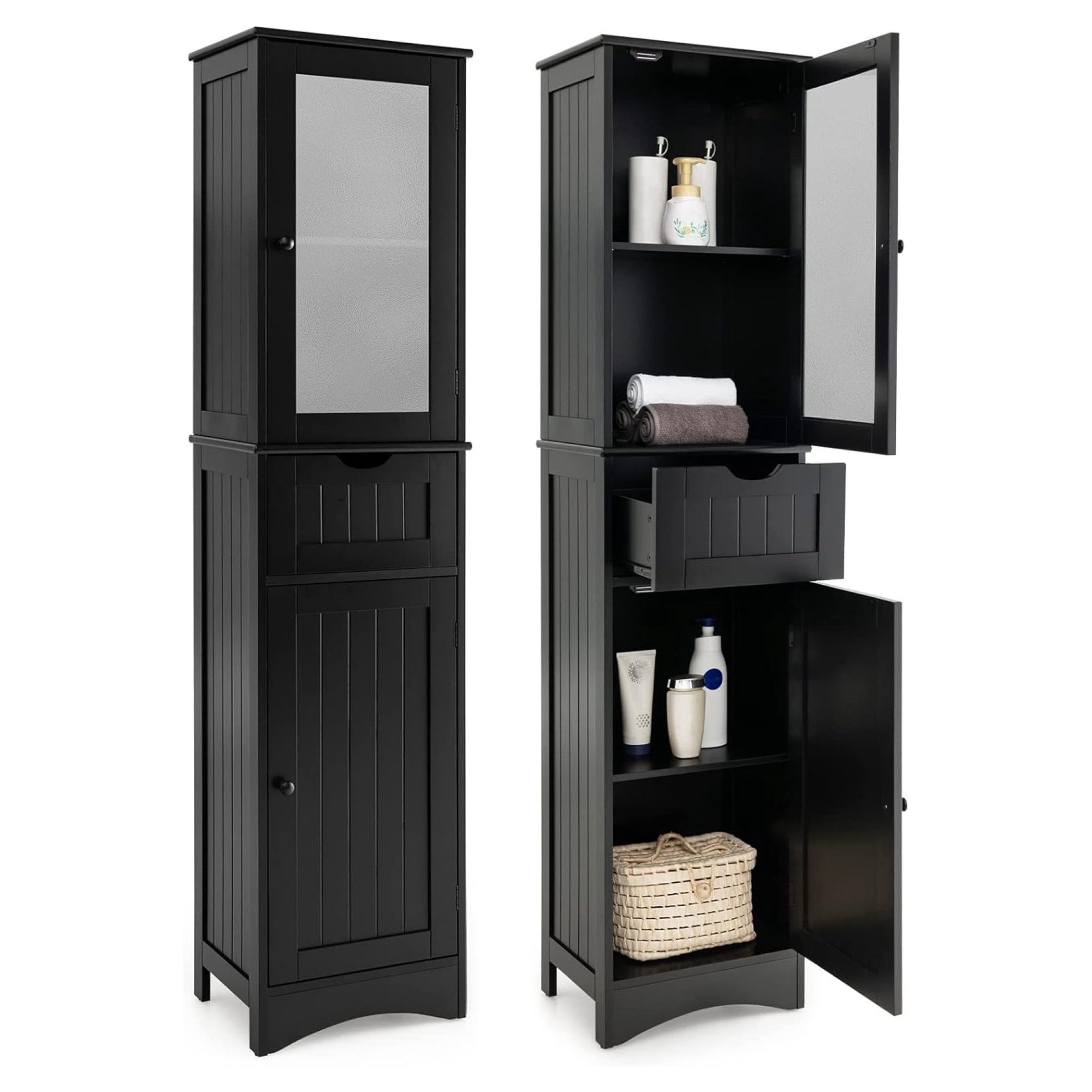 ZHANGHU 67 Tall Bathroom Storage Cabinet with 2 Doors & 1 Drawer, Modern Floor Cabinet with Adjustable Shelves & Frosted Glass Door, Narrow Linen Tower Cabinet for Bathroom Living Room (Black)