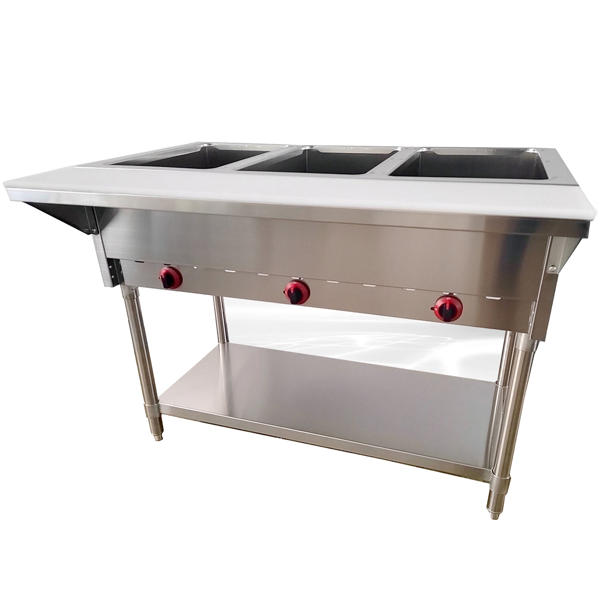 NSF 44 in. Gas Steamer Three Pan Open Well Gas Propane Steam Table with Undershelf, Warmer