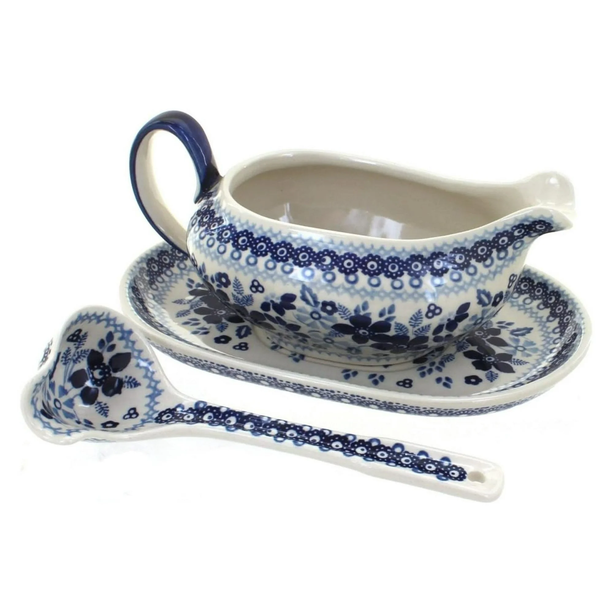 ZHANGHU Blue Rose Polish Pottery Vintage Blue Gravy Boat & Ladle