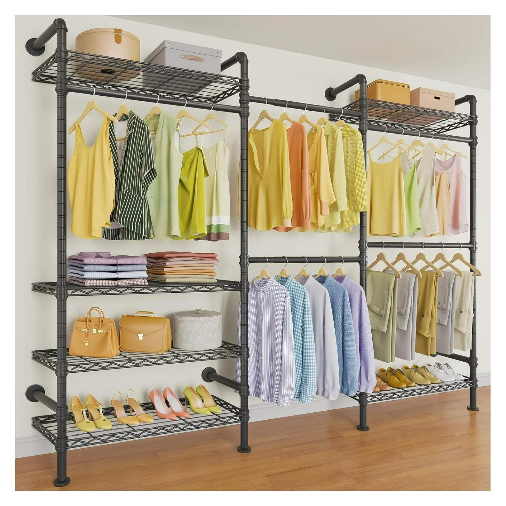 ZHANGHU F3 Garment Rack Heavy Duty Clothes Rack for Hanging Clothes, Expandable Industrial Pipe Wall Mounted Clothing Rack, Adjustable Storage Closet Wardrobe Closet Kit Walk in Closet Systems, Black